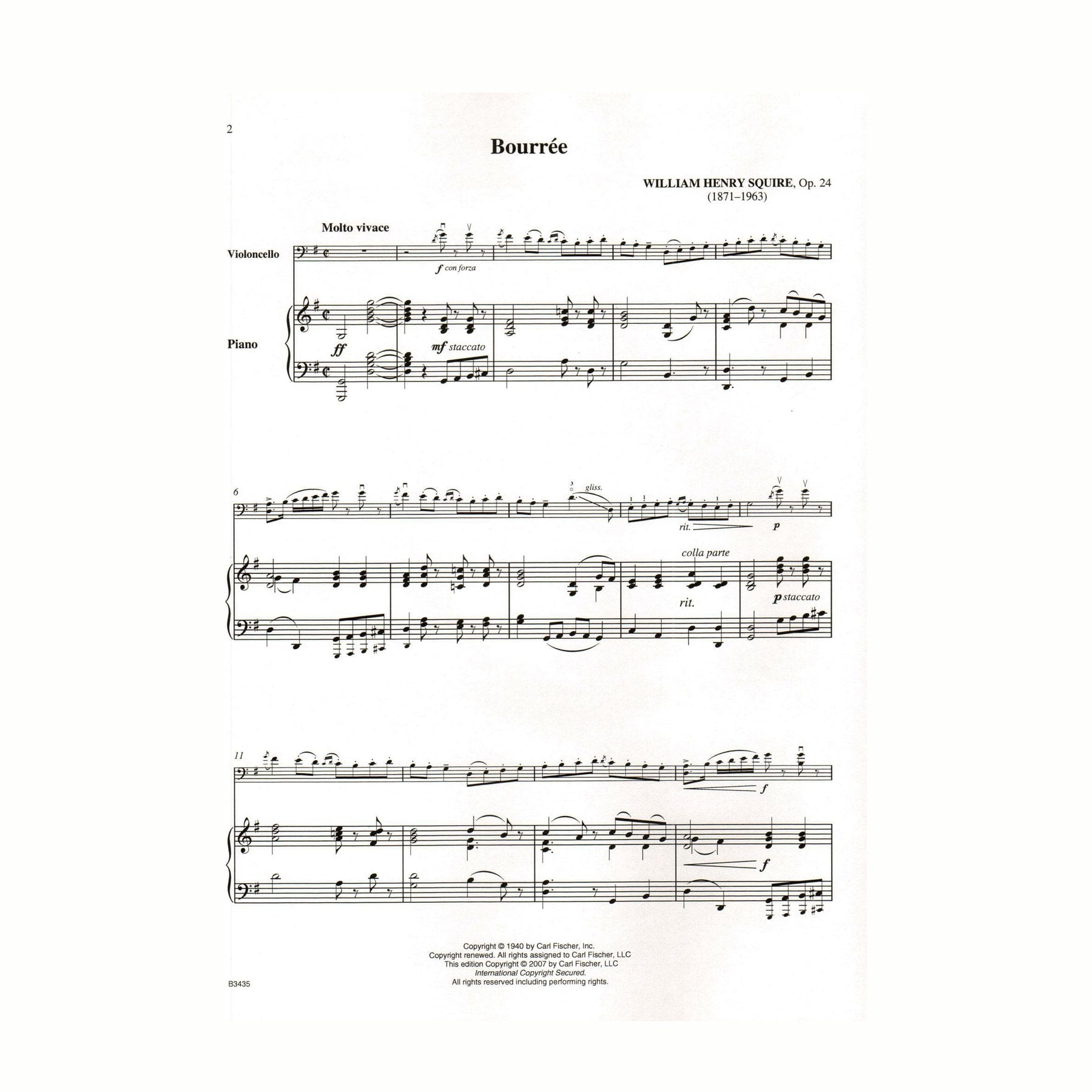 Squire, William Henry - Bouree Op 24 For Solo Cello & Piano Published by Carl Fischer