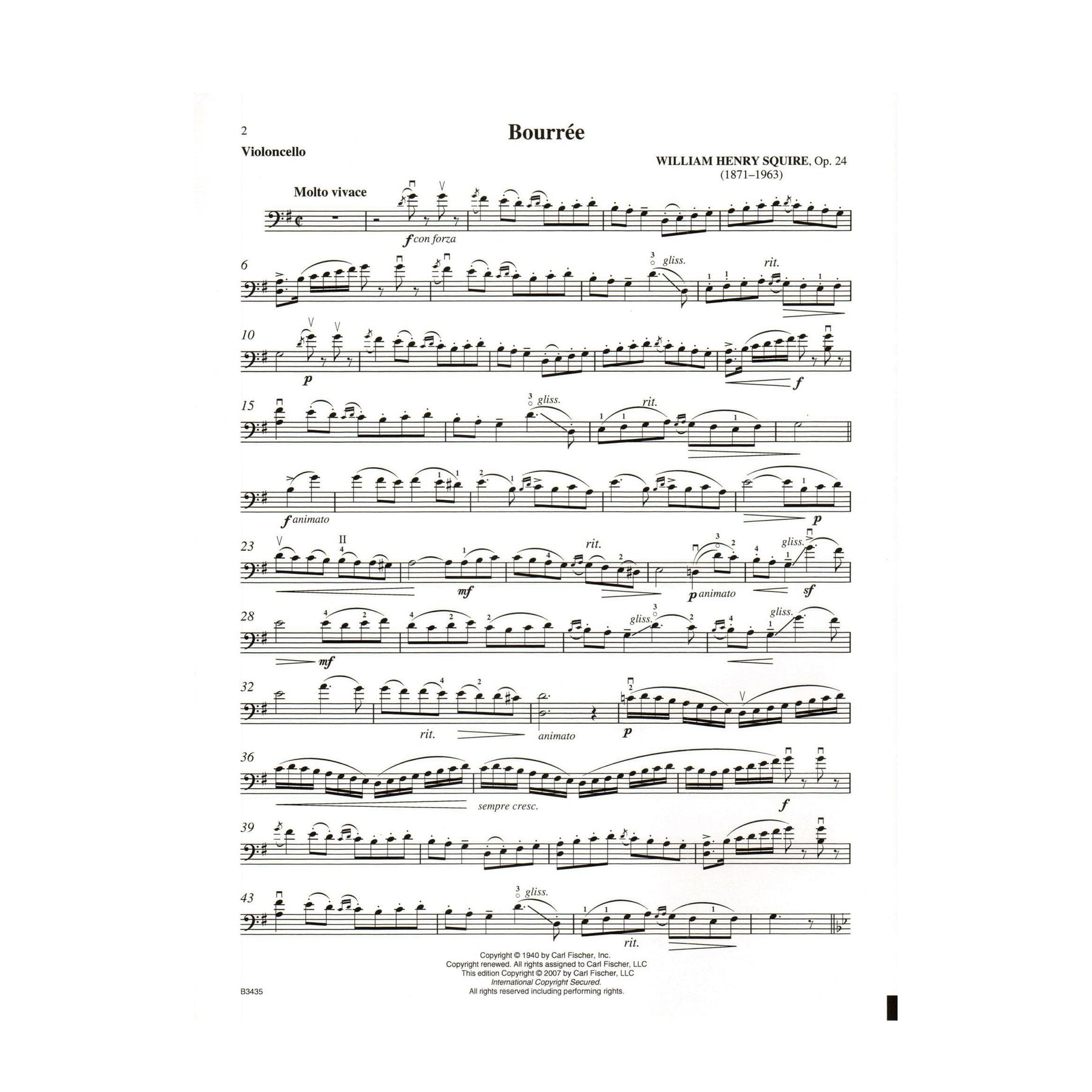 Squire, William Henry - Bouree Op 24 For Solo Cello & Piano Published by Carl Fischer