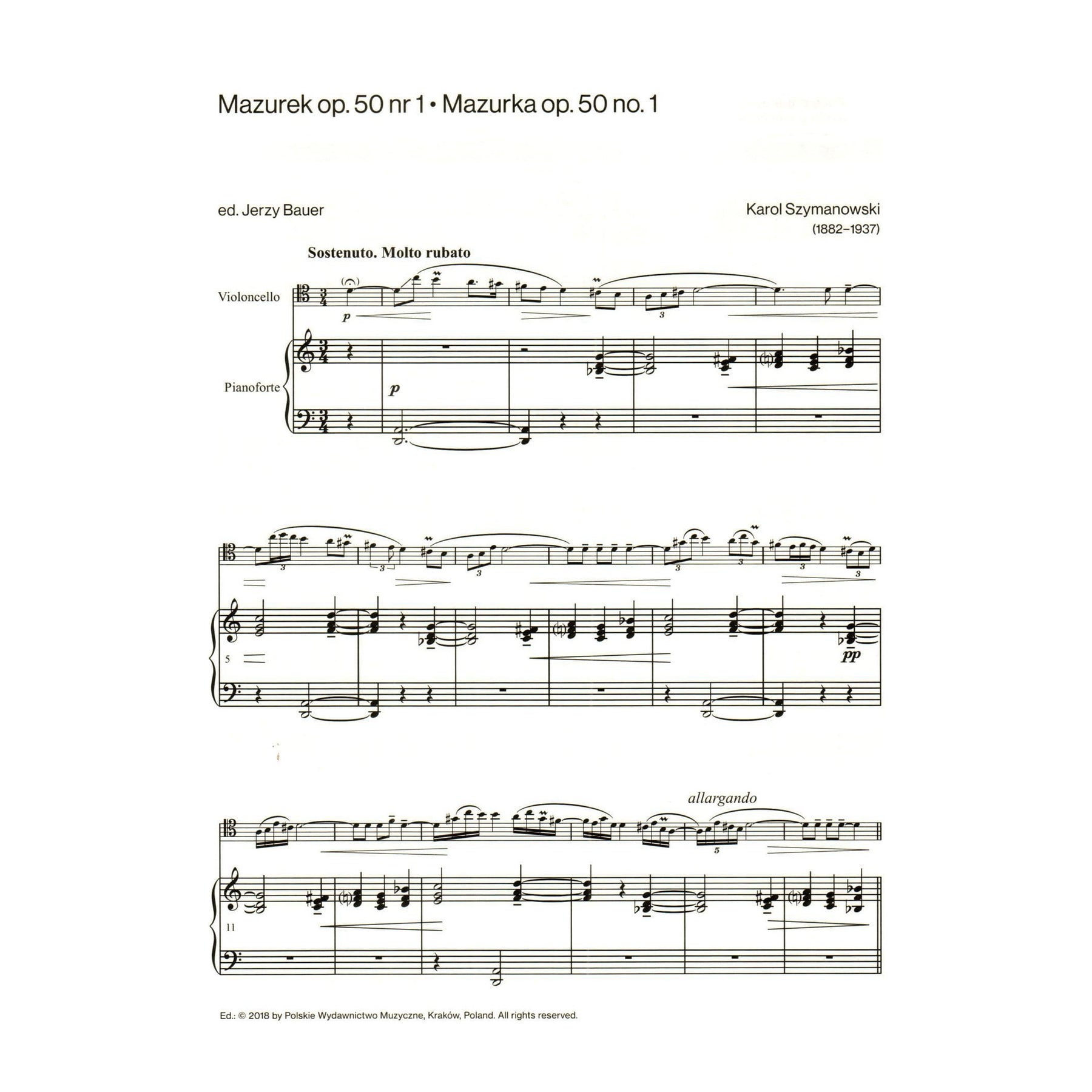 Szymanowski - Mazurkas, Op. 50, Nos. 1 and 2 - for Cello and Piano - edited by Jerzy Bauer - PWM Edition