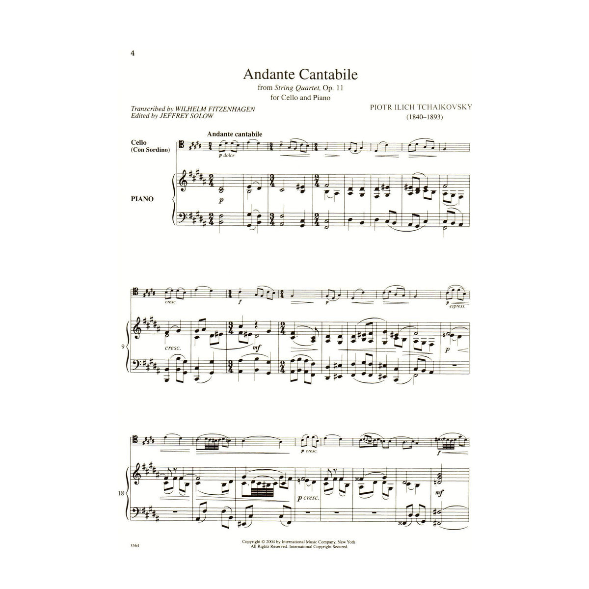 Tchaikovsky, Pyotr Ilyich - Andante Cantabile, Op 11 For Cello and Piano Published by International Music Company
