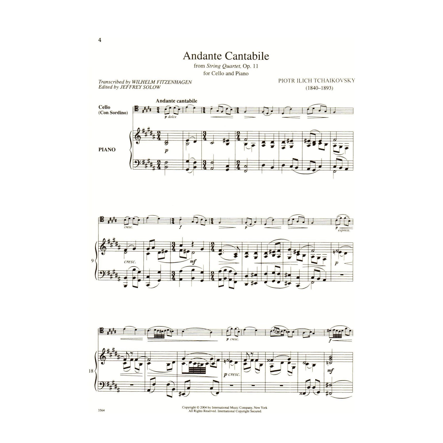 Tchaikovsky, Pyotr Ilyich - Andante Cantabile, Op 11 For Cello and Piano Published by International Music Company