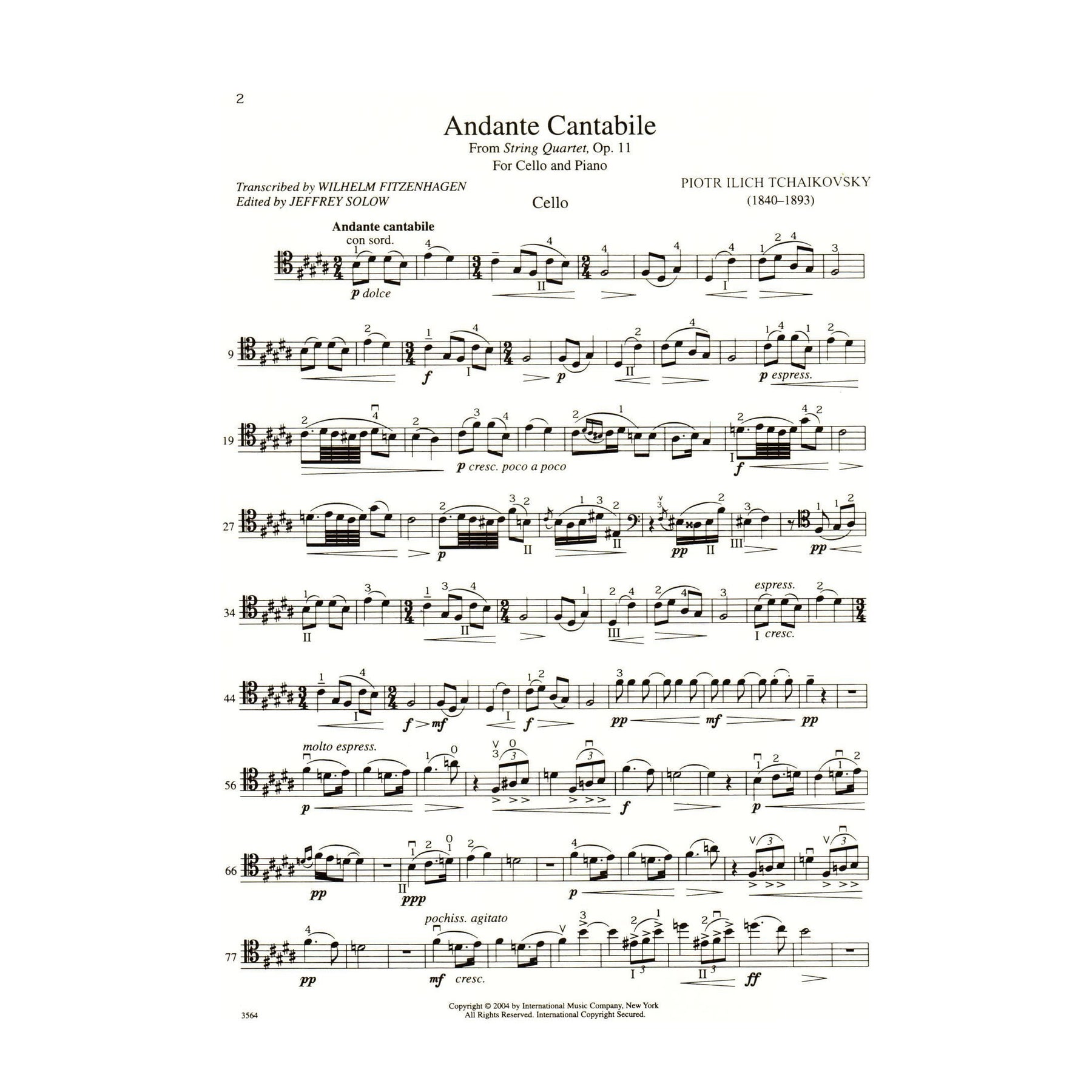 Tchaikovsky, Pyotr Ilyich - Andante Cantabile, Op 11 For Cello and Piano Published by International Music Company