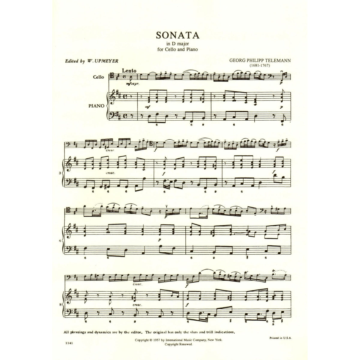 Telemann, Georg Philipp - Sonata In D Major TWV 41:D6 For Cello and Piano Published by International Music Company