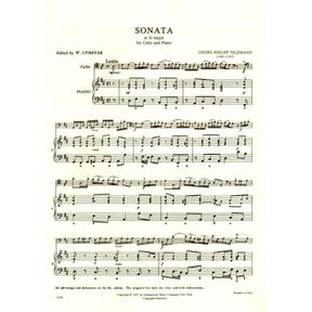 Telemann, Georg Philipp - Sonata In D Major TWV 41:D6 For Cello and Piano Published by International Music Company
