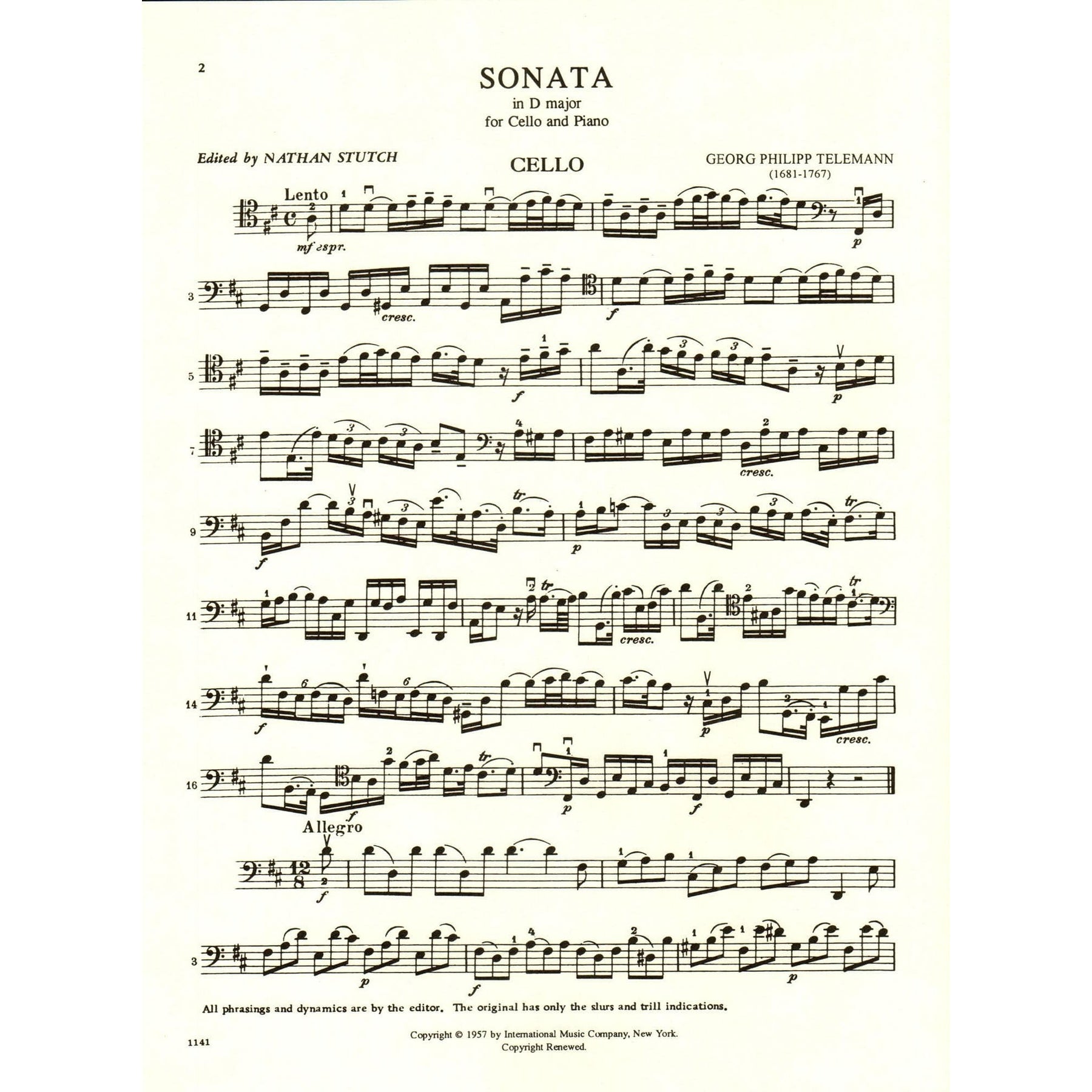 Telemann, Georg Philipp - Sonata In D Major TWV 41:D6 For Cello and Piano Published by International Music Company