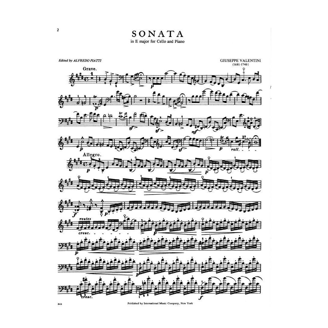 Valentini - Sonata In E Major For Cello and Piano Edited by Piatti Published by International Music Company