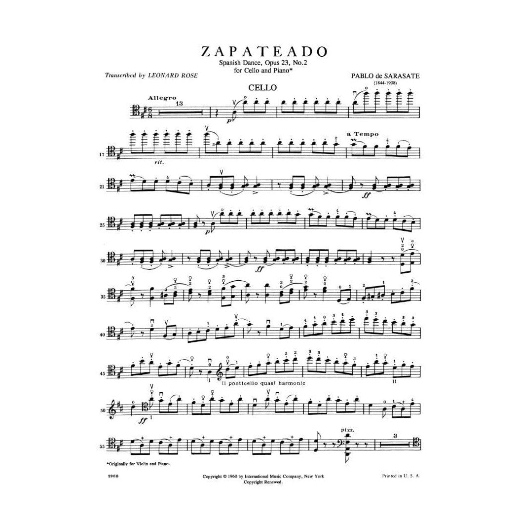 Sarasate, Pablo - Zapateado Op 23 No 2 For Cello and Piano Published by International Music Company