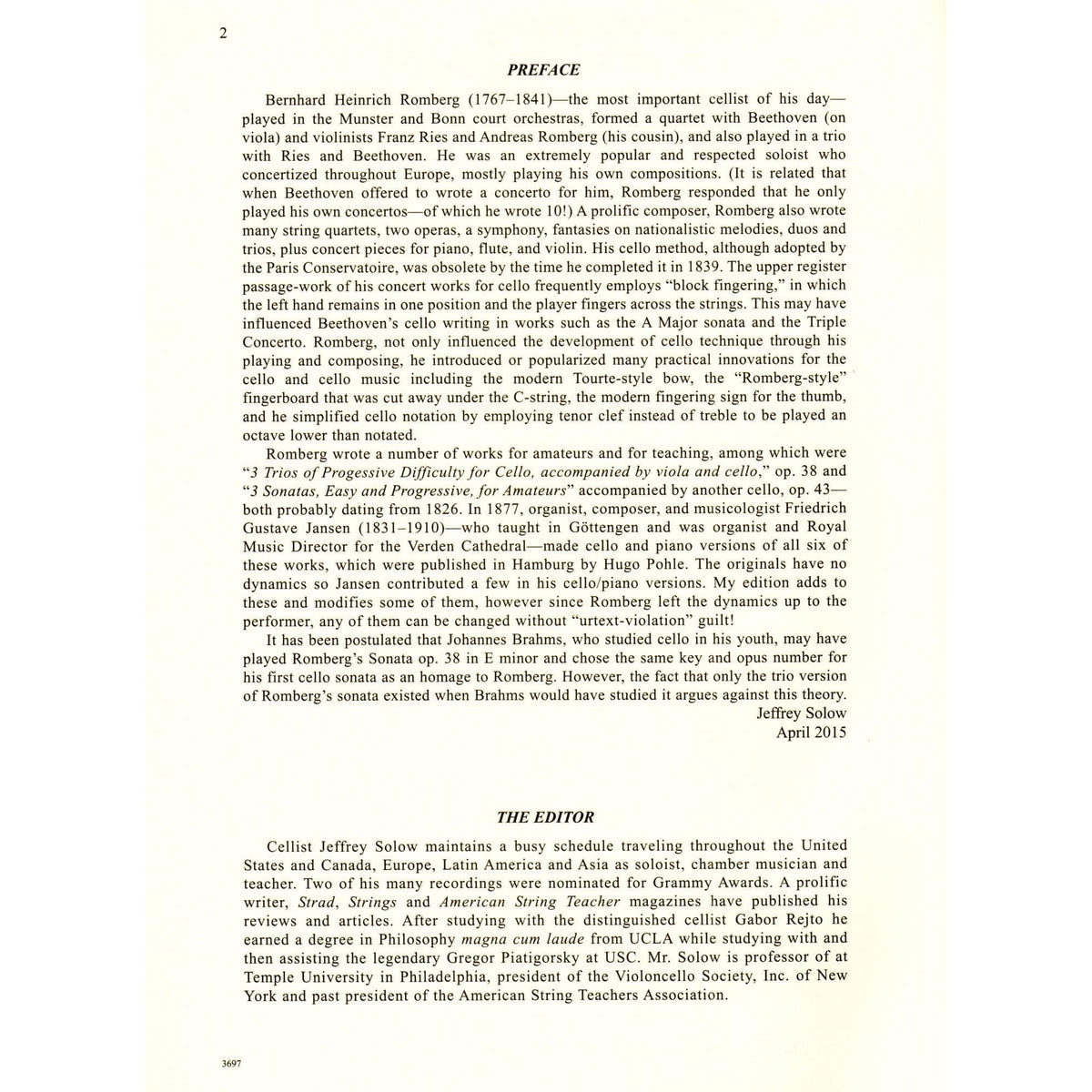 Romberg - Sonata In E Minor Op 38 No 1 - for Cello and Piano - edited by Jeffrey Solow - International Music Company