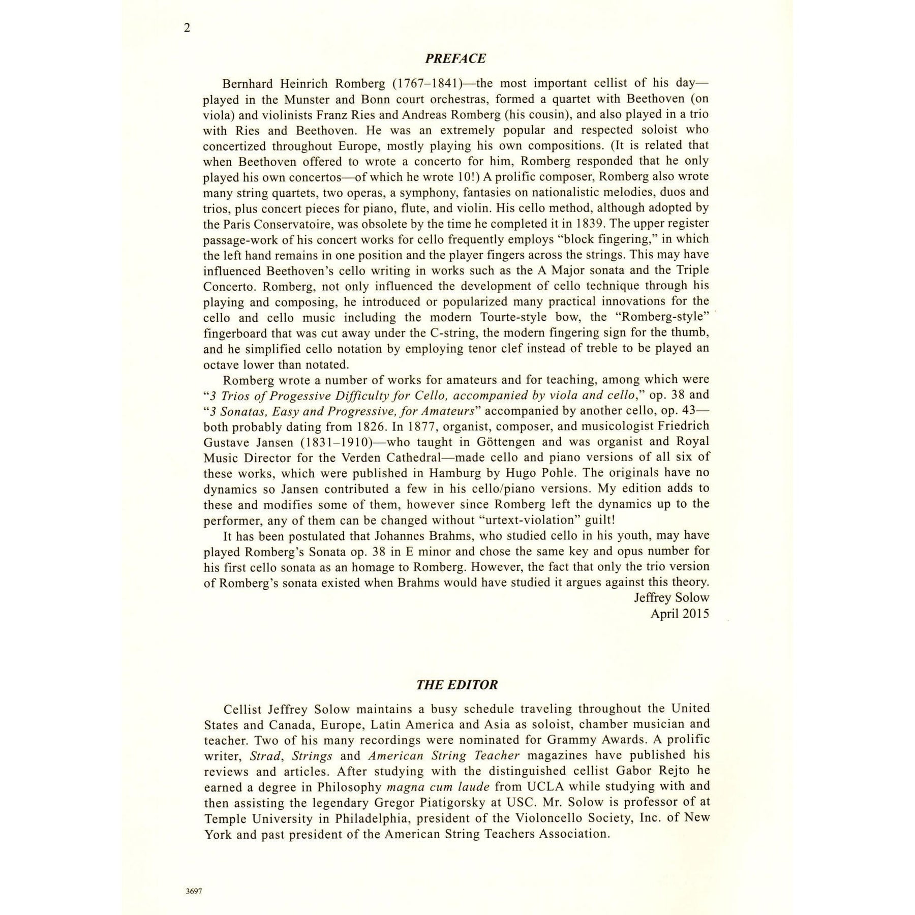 Romberg - Sonata In E Minor Op 38 No 1 - for Cello and Piano - edited by Jeffrey Solow - International Music Company