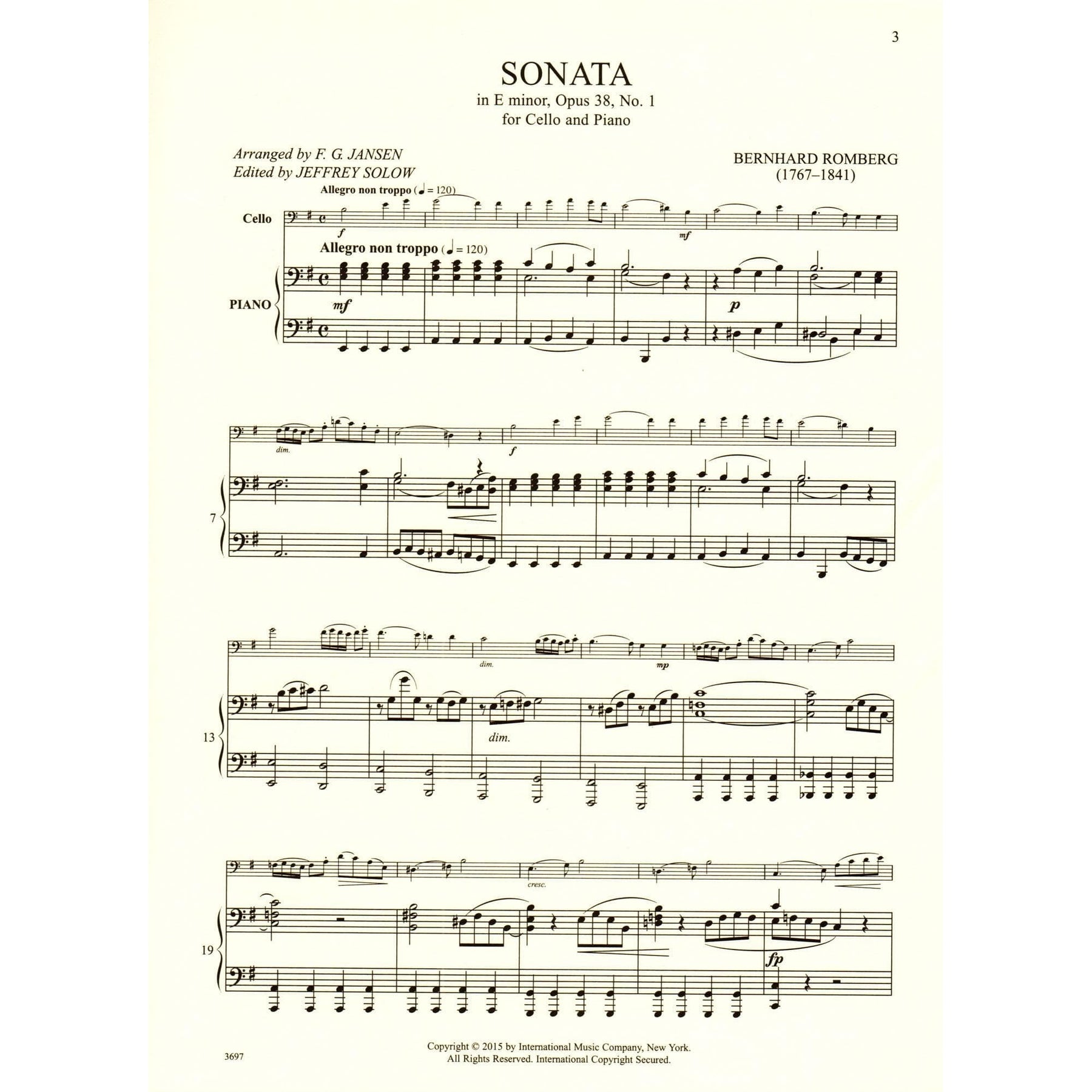 Romberg - Sonata In E Minor Op 38 No 1 - for Cello and Piano - edited by Jeffrey Solow - International Music Company