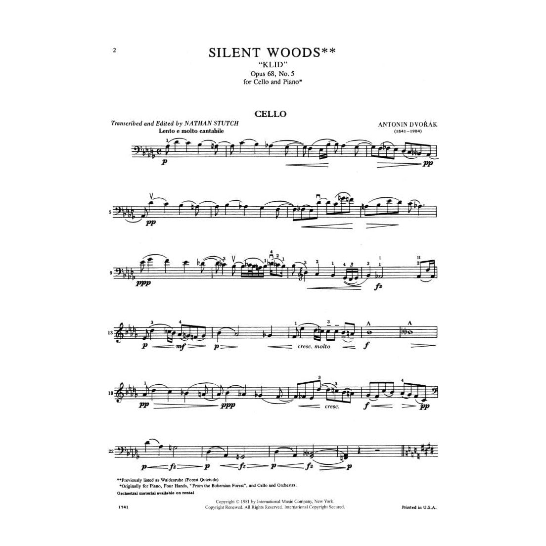 Dvorák, Antonín - Silent Woods ("Klid"), Op 68, No 5 - Cello and Piano - edited by Nathan Stutch - International Edition