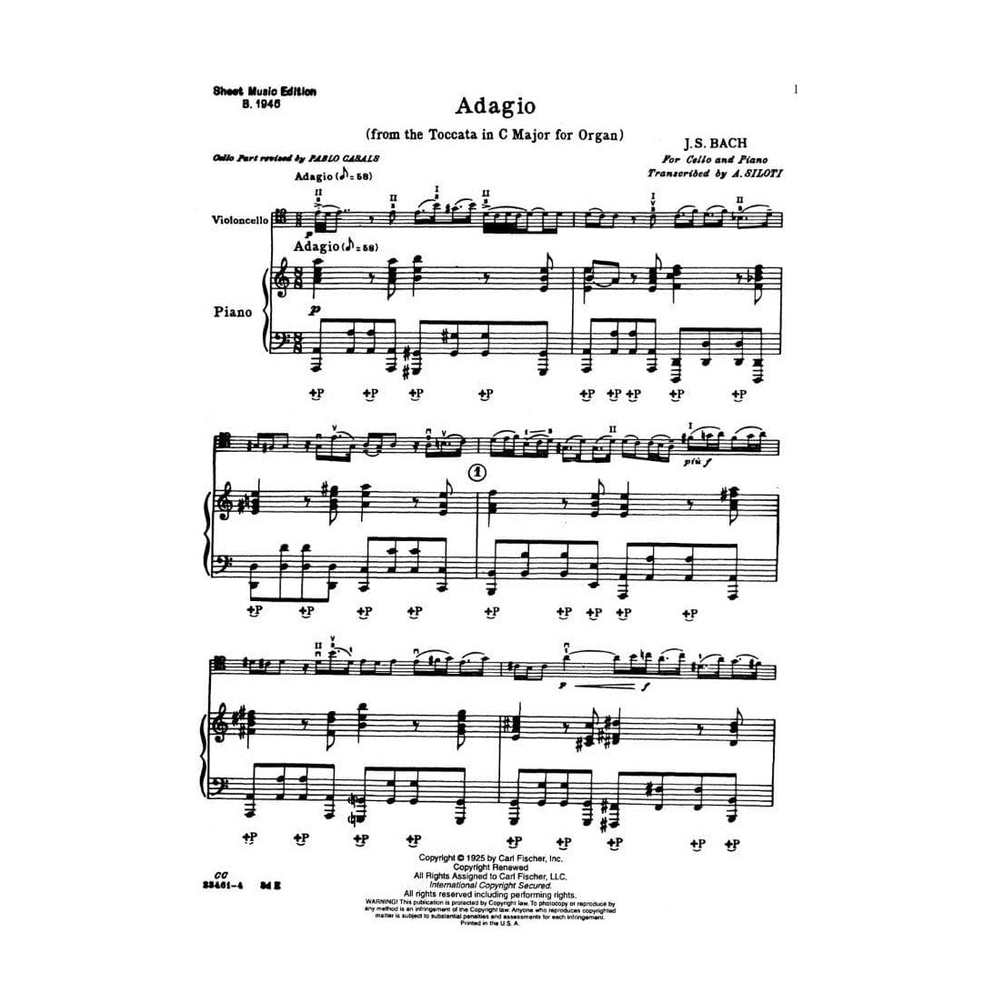 Bach, JS - Adagio From "Toccata in C Major" BWV 564 for Cello and Piano - Arranged by Siloti/Casals - Fischer Edition