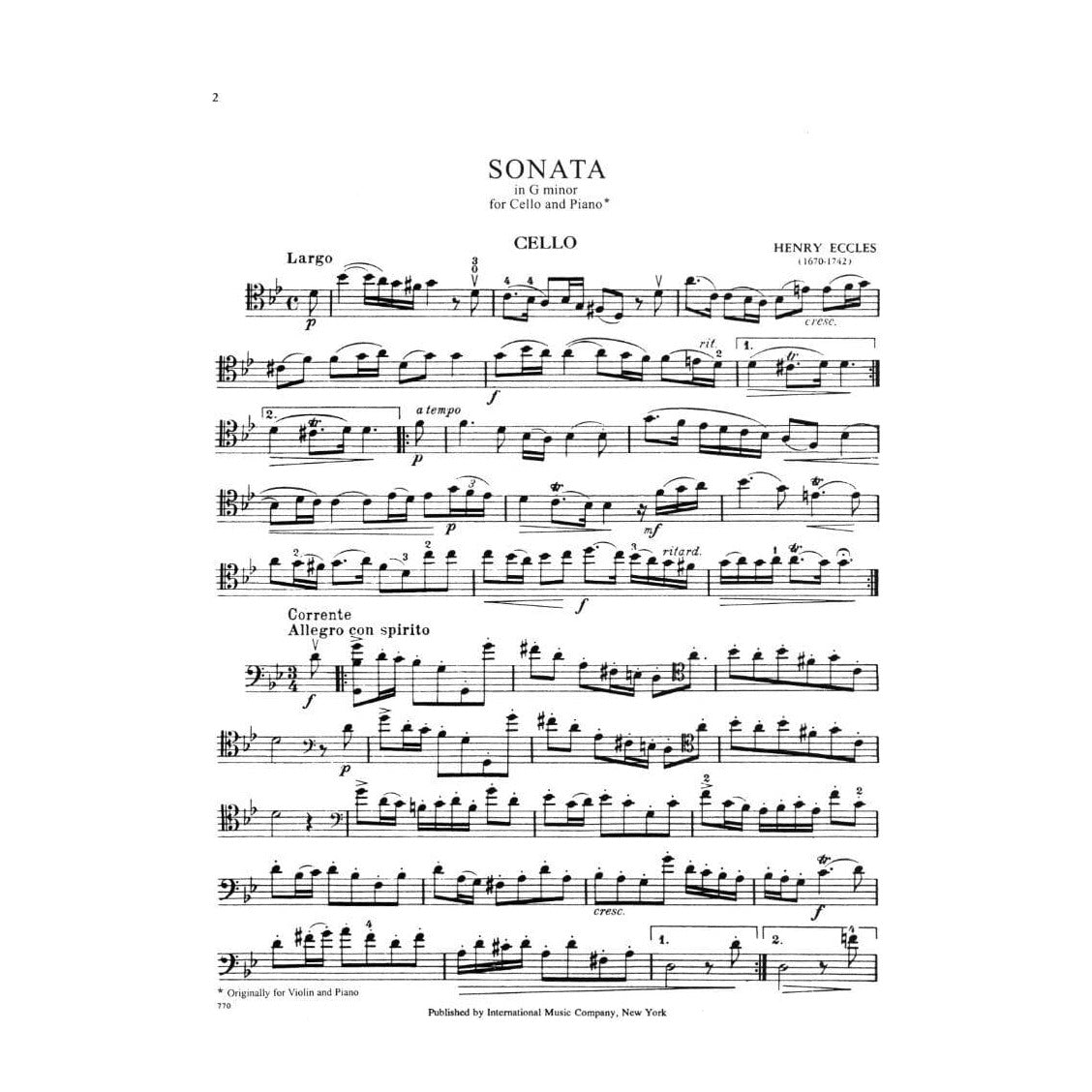 Eccles, Henry - Sonata in g minor - Cello and Piano - edited by Alfred Moffat - International Edition
