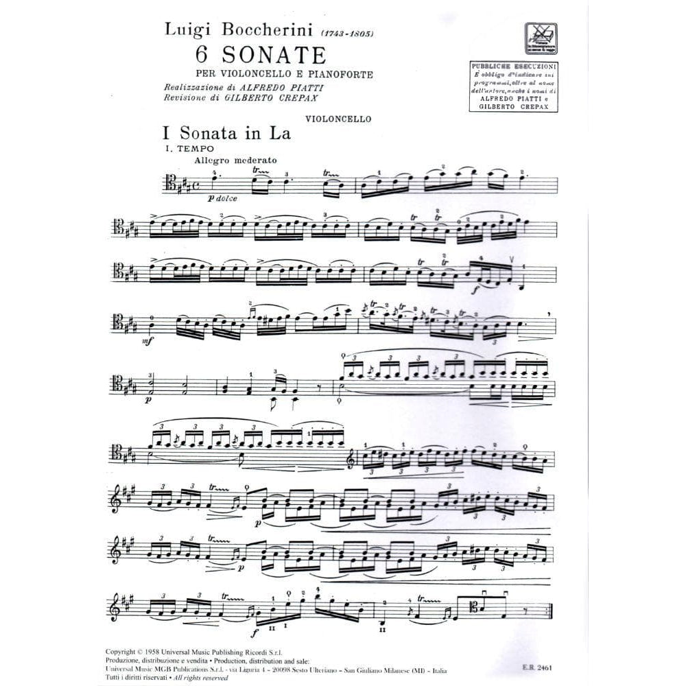 Boccherini, Luigi - 6 Sonatas for Cello and Piano - Ricordi Edition