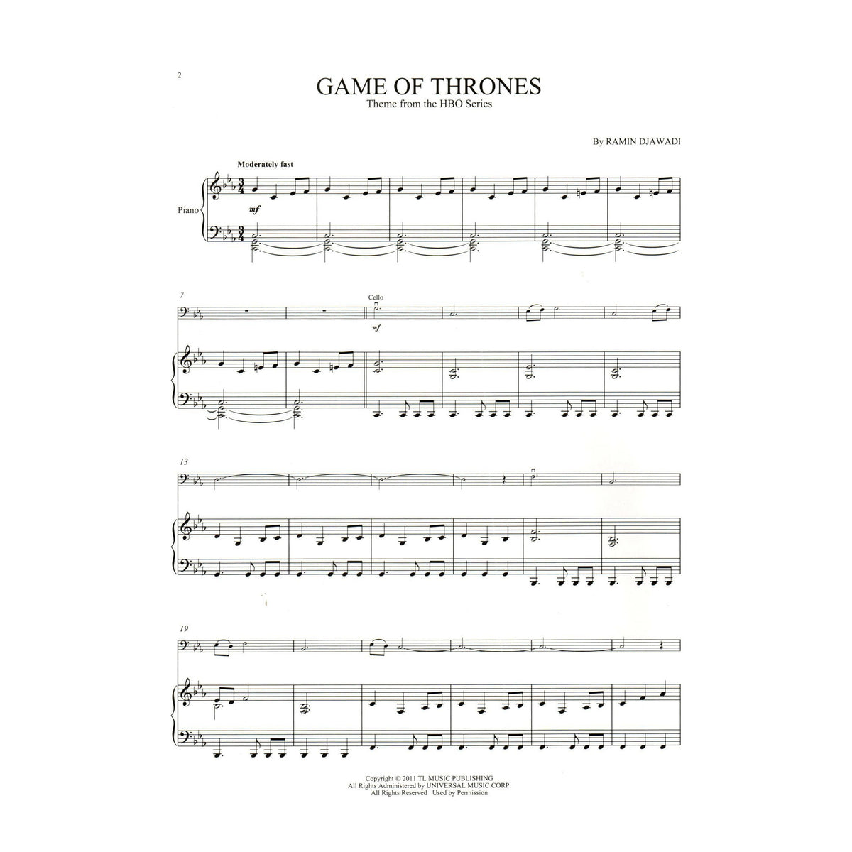 Game of Thrones Theme - for Cello and Piano - Hal Leonard