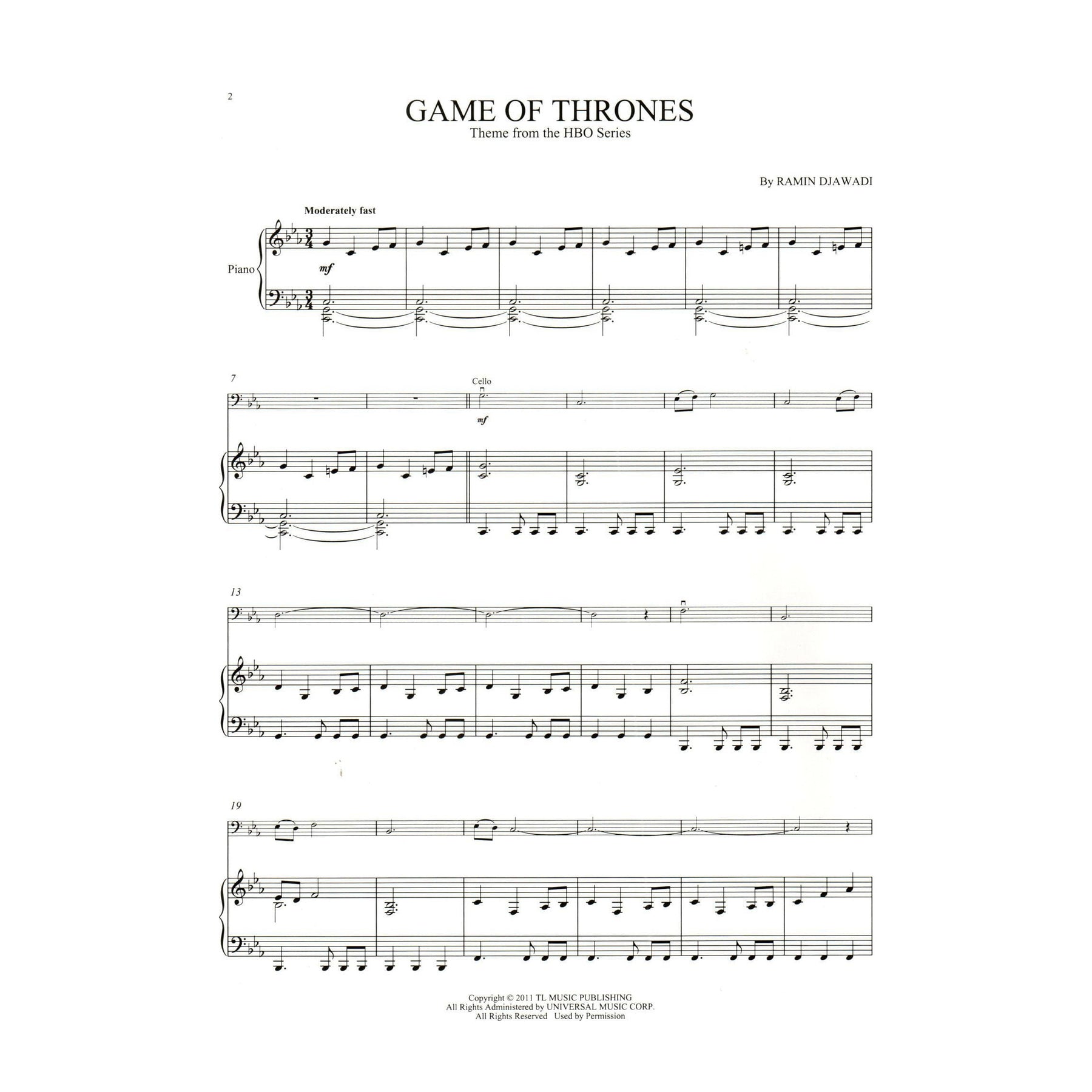 Game of Thrones Theme - for Cello and Piano - Hal Leonard