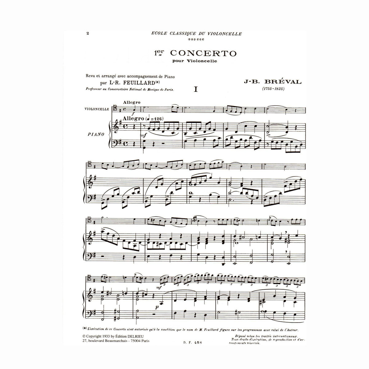 Breval, Jean Baptiste - Concerto No 1 in G Major Op 17 for Cello and Piano - Arranged by Feuillard - Delrieu Edition