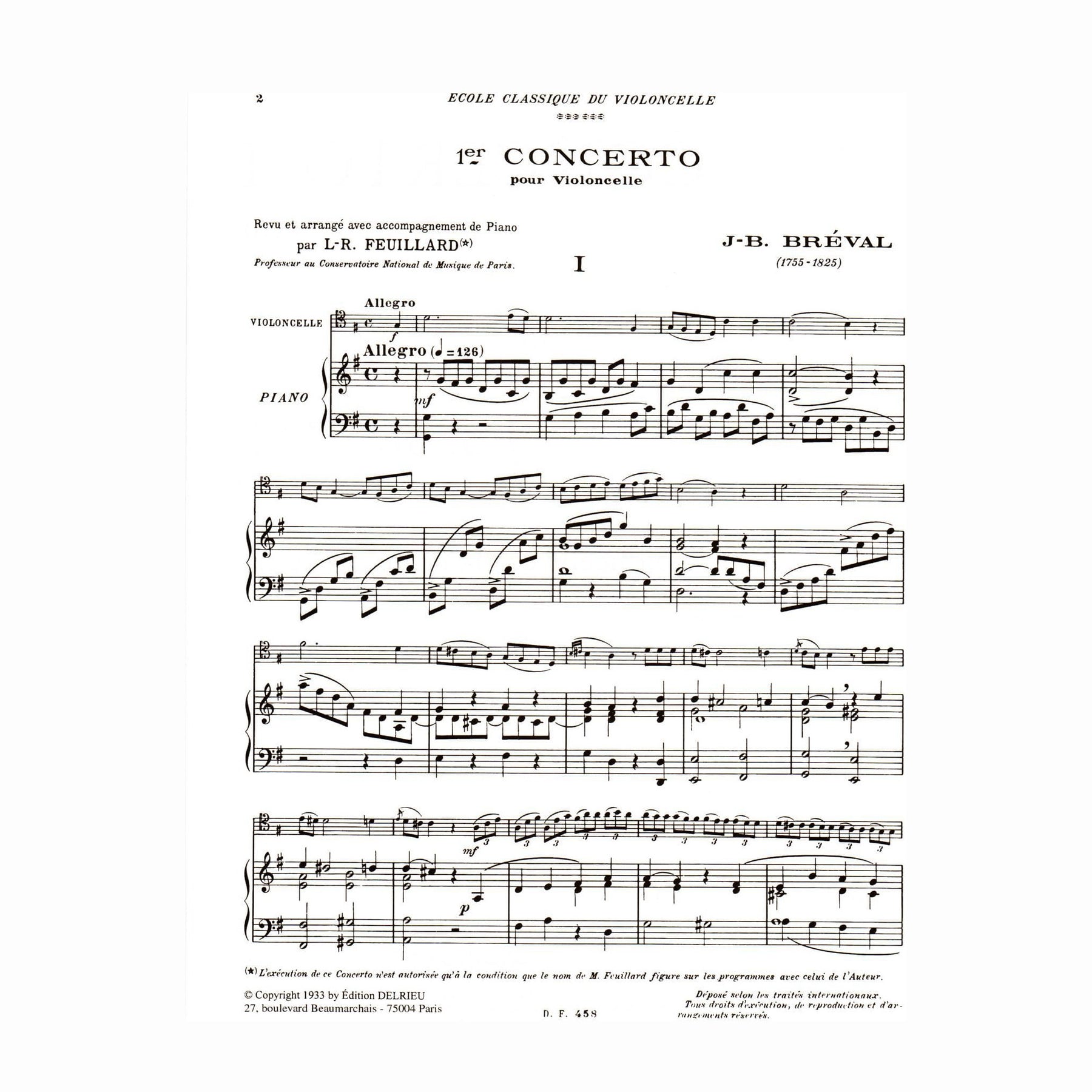 Breval, Jean Baptiste - Concerto No 1 in G Major Op 17 for Cello and Piano - Arranged by Feuillard - Delrieu Edition