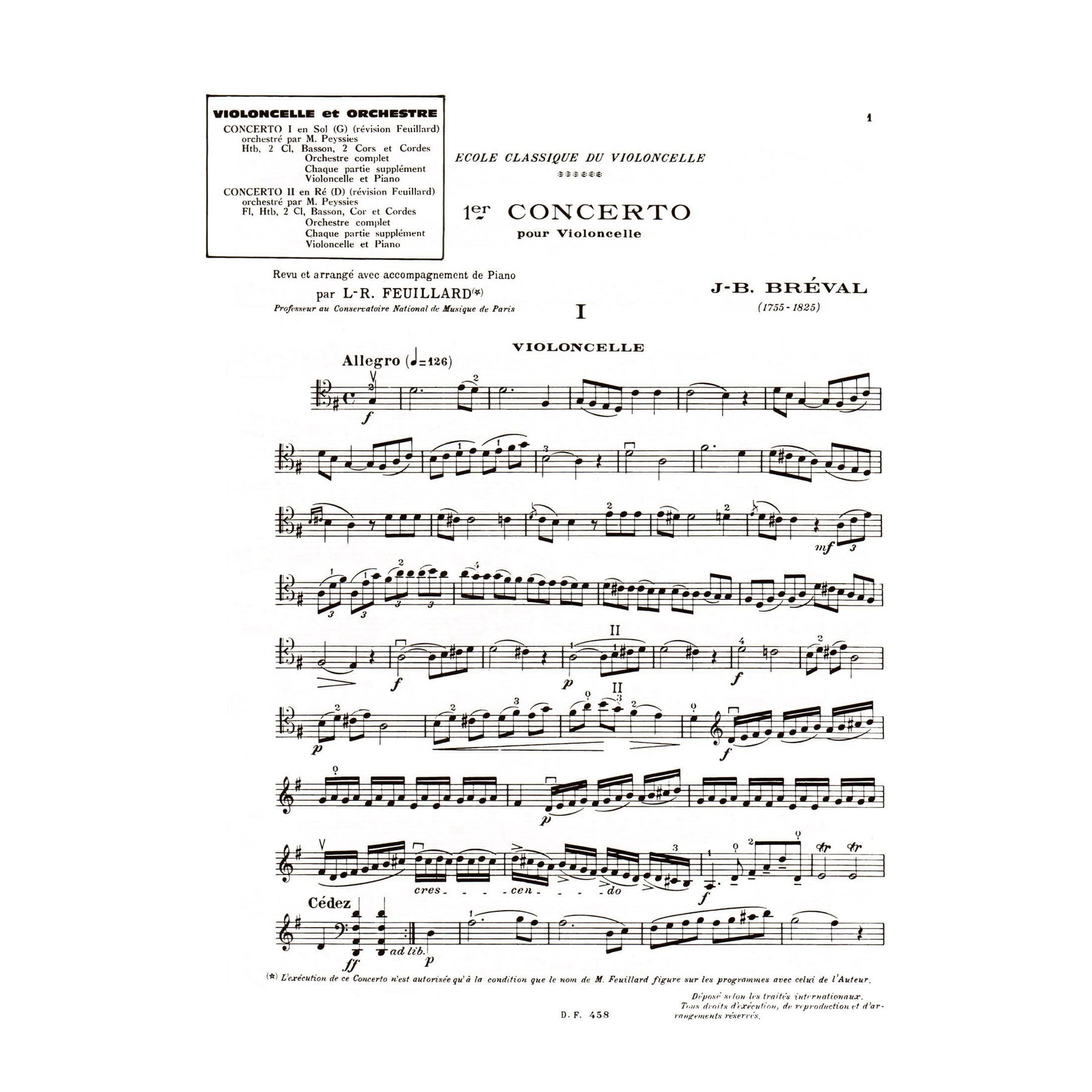 Breval, Jean Baptiste - Concerto No 1 in G Major Op 17 for Cello and Piano - Arranged by Feuillard - Delrieu Edition