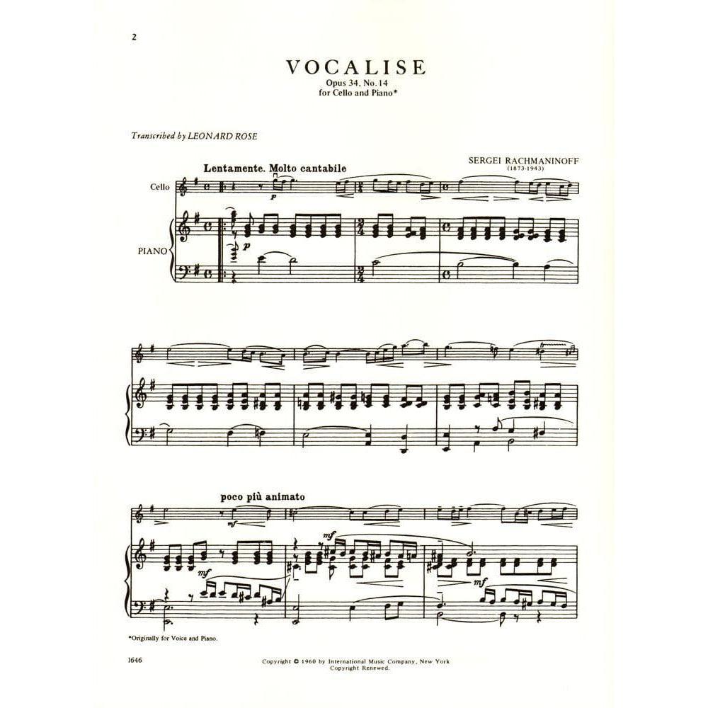 Rachmaninoff - Vocalise Op 34 No 14 For Cello Edited by Leonard Rose Published by International Music Company