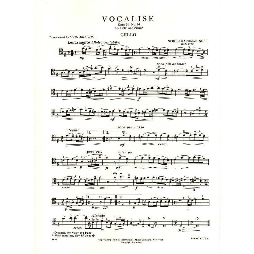 Rachmaninoff - Vocalise Op 34 No 14 For Cello Edited by Leonard Rose Published by International Music Company