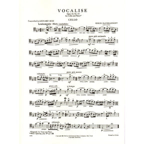 Rachmaninoff - Vocalise Op 34 No 14 For Cello Edited by Leonard Rose Published by International Music Company