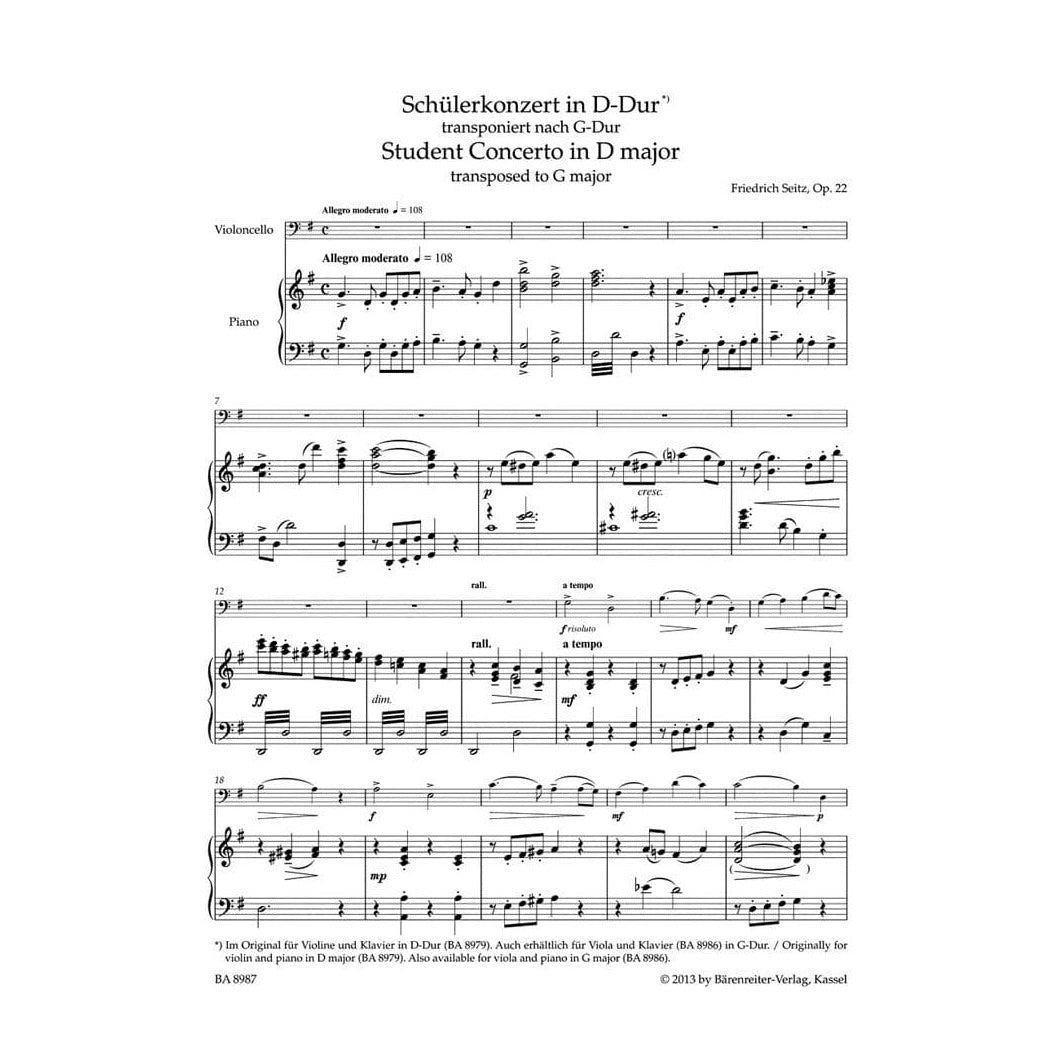Seitz, Fritz (Friedrich) - Concert Pieces: Student Concerto D Major,  Op 22 - for Cello and Piano - edited by Christoph Sassmannshaus - Bärenreiter