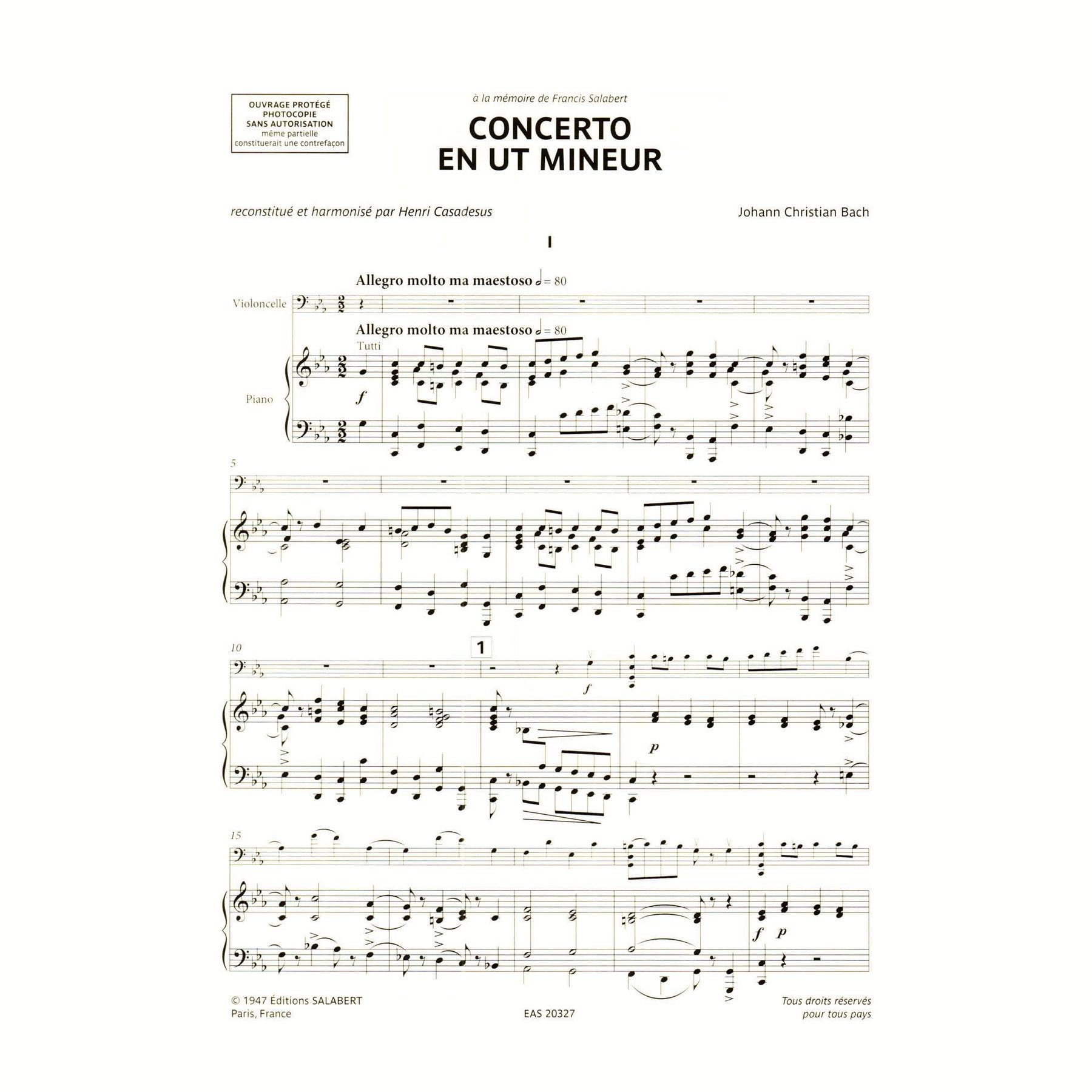Bach, Johann Christian - Concerto in c minor - Cello and Piano - edited by Henri Casadesus and Maurice Maréchal - Editions Salabert