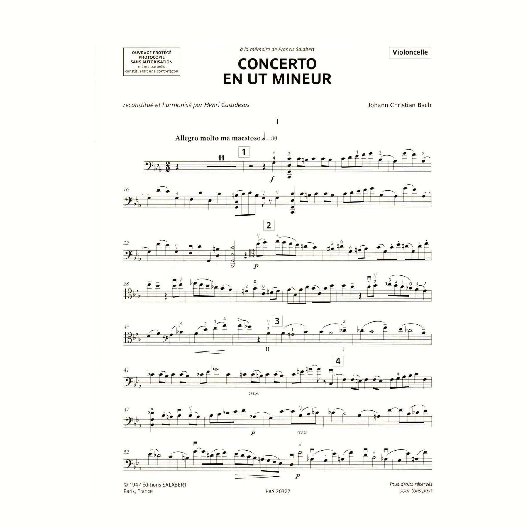 Bach, Johann Christian - Concerto in c minor - Cello and Piano - edited by Henri Casadesus and Maurice Maréchal - Editions Salabert