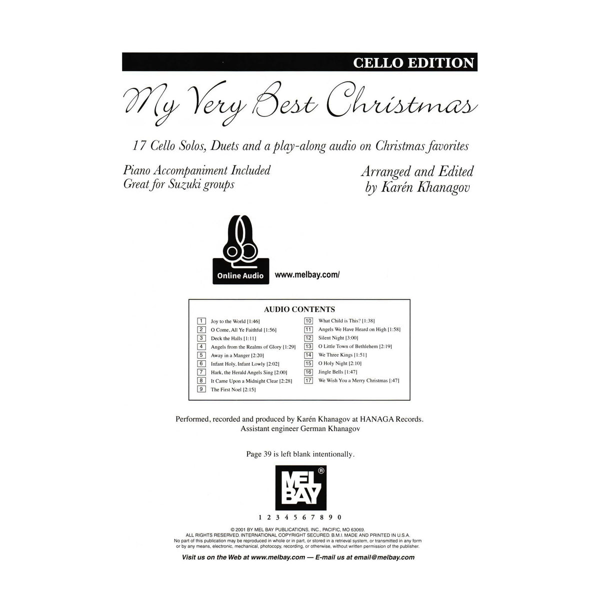 My Very Best Christmas - for One or Two Cellos and Piano - with Optional Online Audio - arranged by Karén Khanagov - Mel Bay Publications
