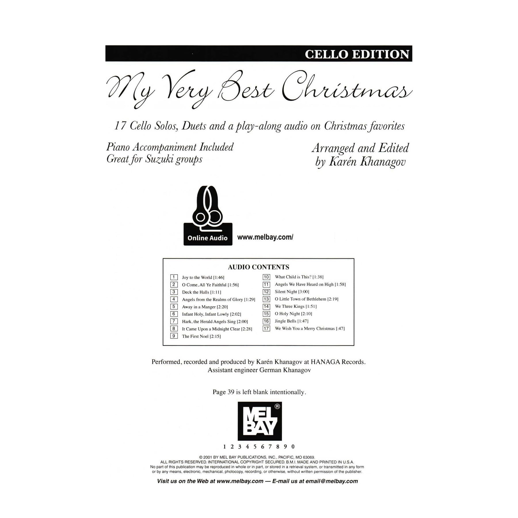 My Very Best Christmas - for One or Two Cellos and Piano - with Optional Online Audio - arranged by Karén Khanagov - Mel Bay Publications