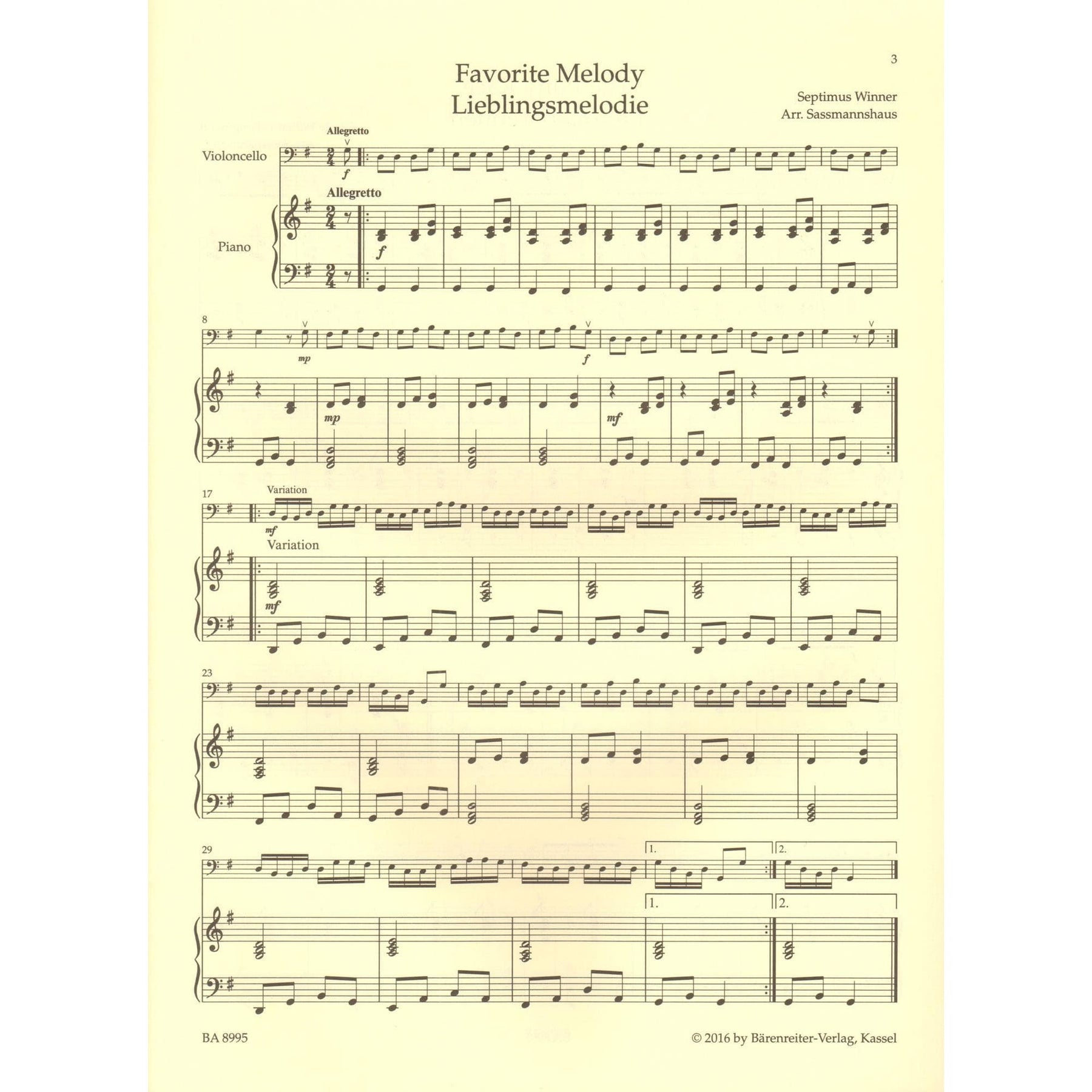The Sassmannshaus Tradition - Cello Recital Album Volume 2 - 12 Recital Pieces in First Position - for Cello and Piano (or Two Celli)- published by Barenreiter