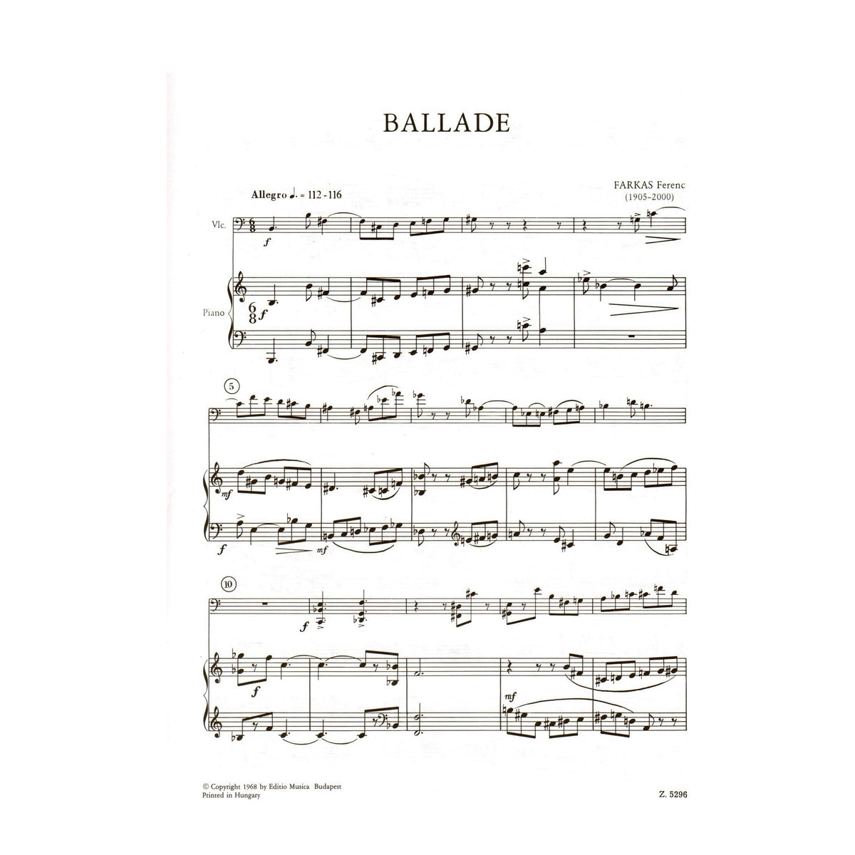 Farkas, Ferenc - Ballade - Cello and Piano - Editio Musica Budapest