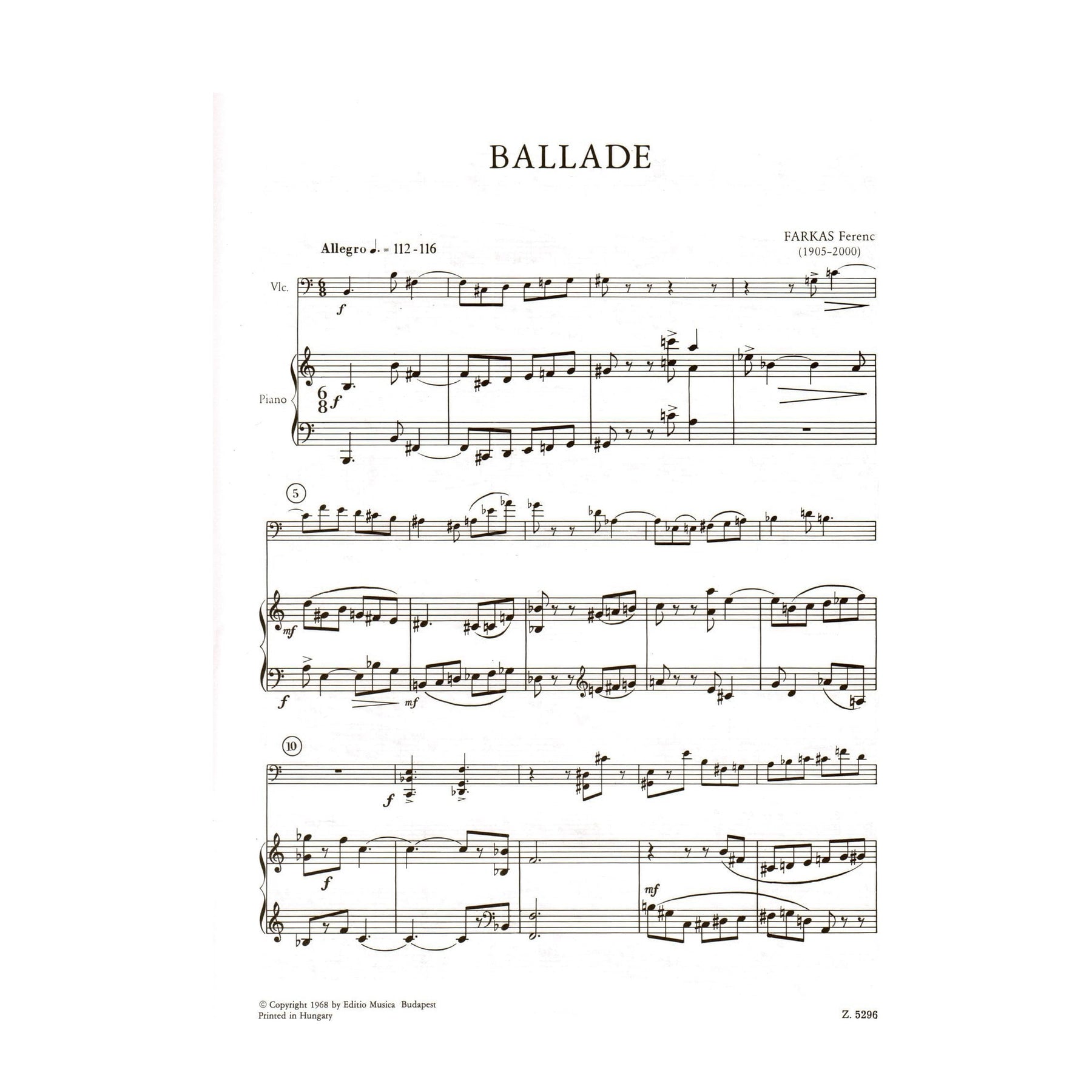 Farkas, Ferenc - Ballade - Cello and Piano - Editio Musica Budapest