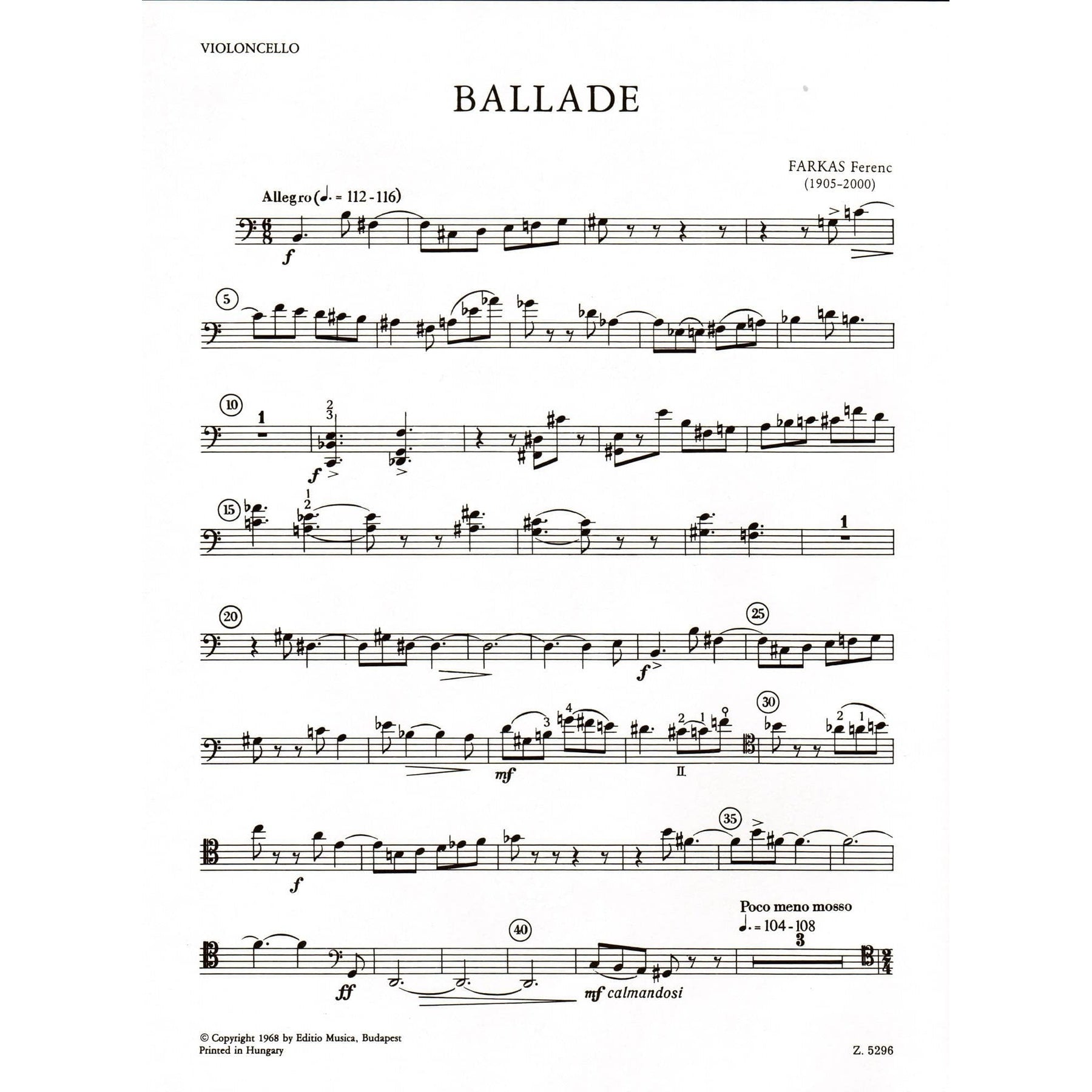 Farkas, Ferenc - Ballade - Cello and Piano - Editio Musica Budapest