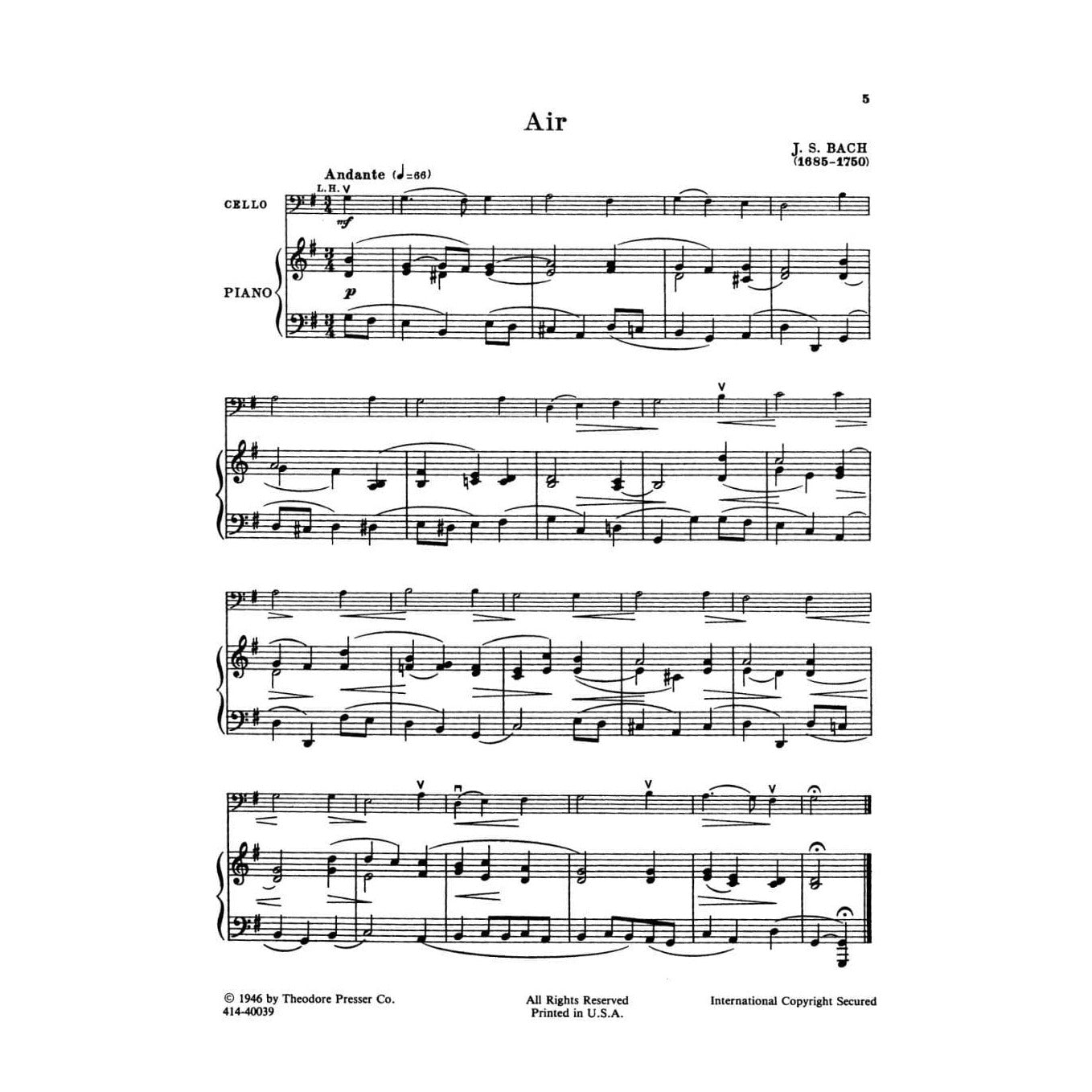 Classic and Folk Melodies in the First Position - Cello and Piano - arranged by Charles Krane - Theodore Presser Co