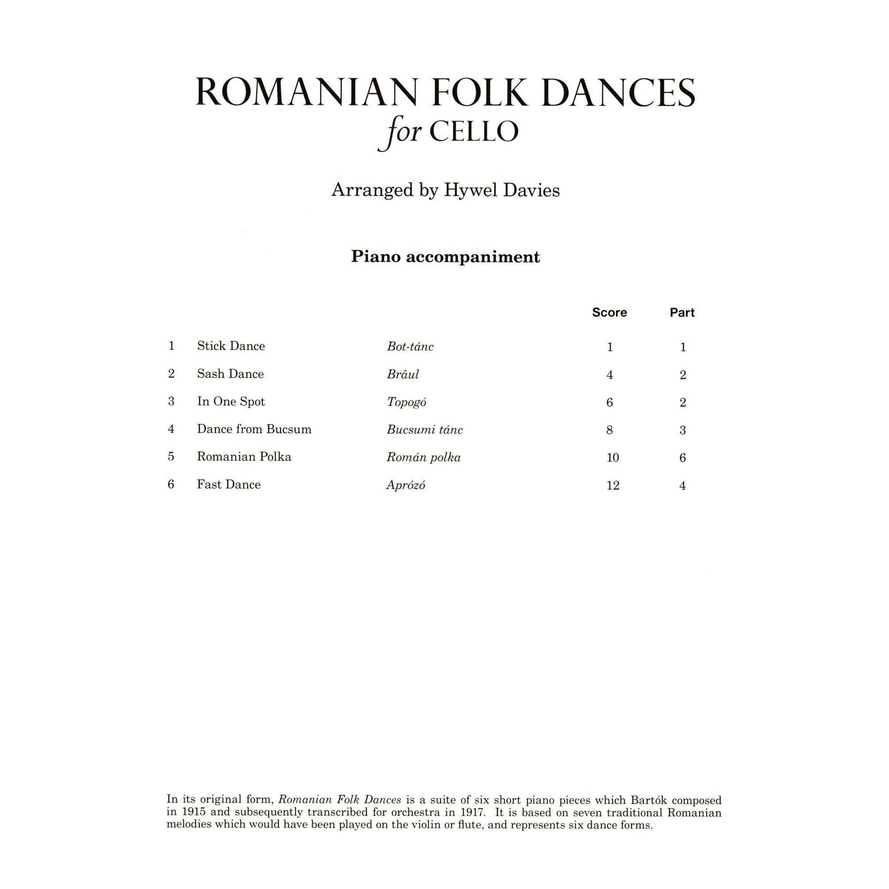 Bartok, Bela - Romanian Folk Dances for Cello (and Piano) - arrangements by Hywel Davies - Boosey & Hawkes