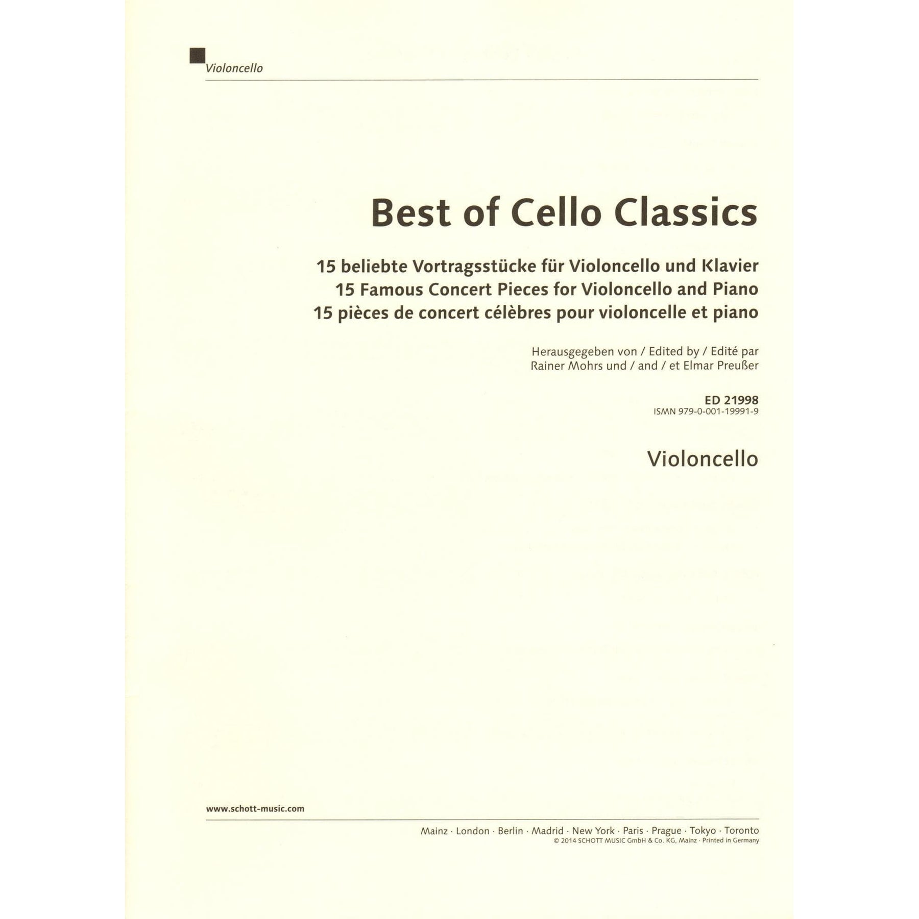 Best of Cello Classics: 15 Famous Concert Pieces - for Cello and Piano - Schott Edition