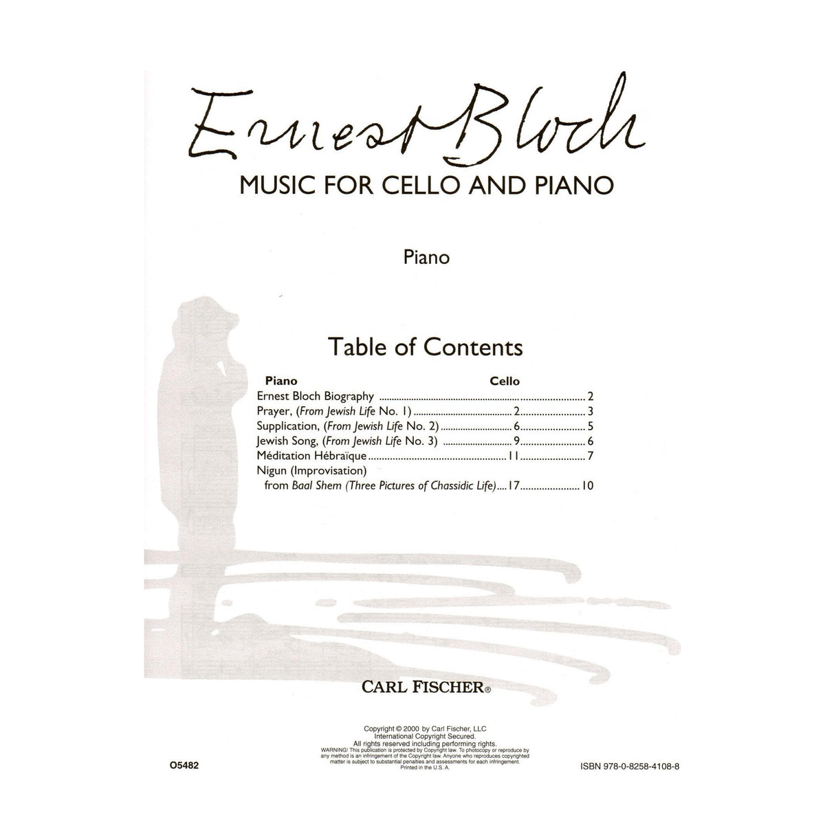 Bloch, Ernest - Music for Cello and Piano - Arranged by Kindler-Schuster - Fischer Edition