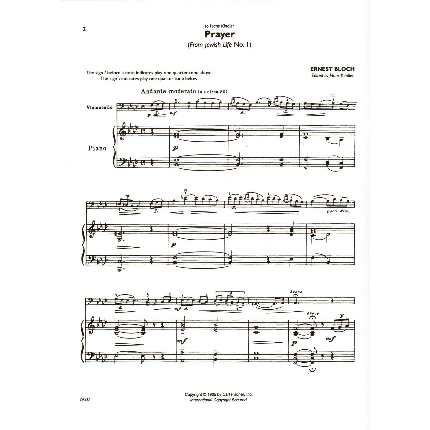 Bloch, Ernest - Music for Cello and Piano - Arranged by Kindler-Schuster - Fischer Edition