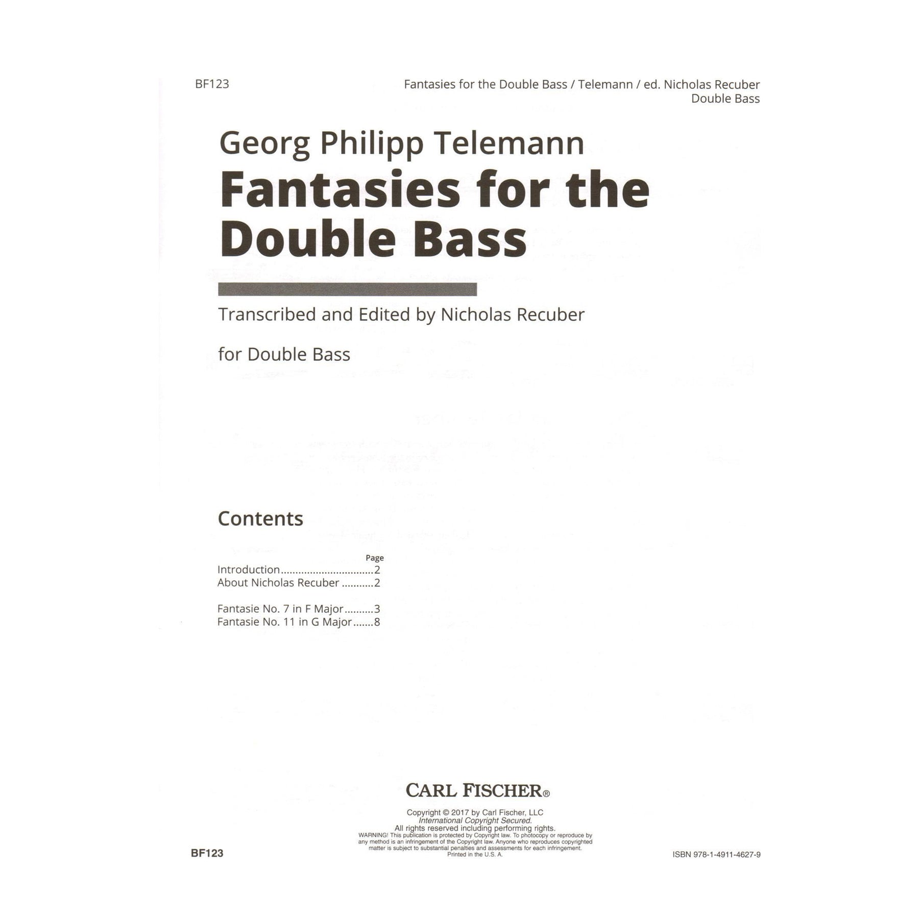 Telemann, G.P. - Fantasies for the Double Bass - for Solo Bass - transcribed and edited by Nicholas Recuber - Carl Fischer