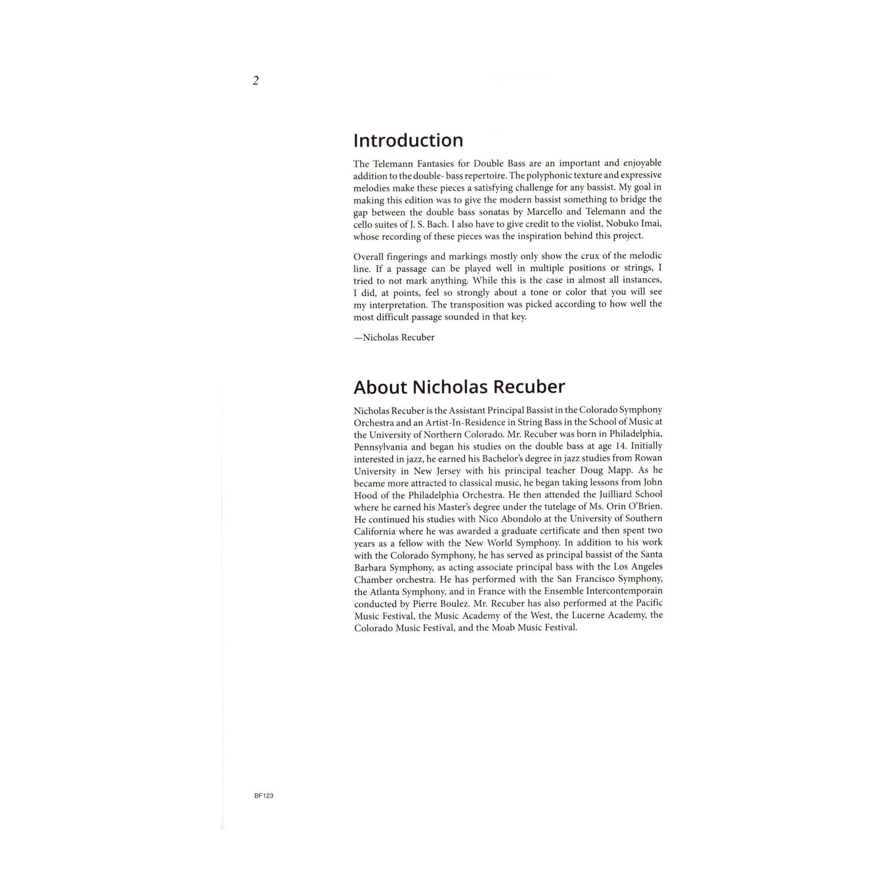 Telemann, G.P. - Fantasies for the Double Bass - for Solo Bass - transcribed and edited by Nicholas Recuber - Carl Fischer