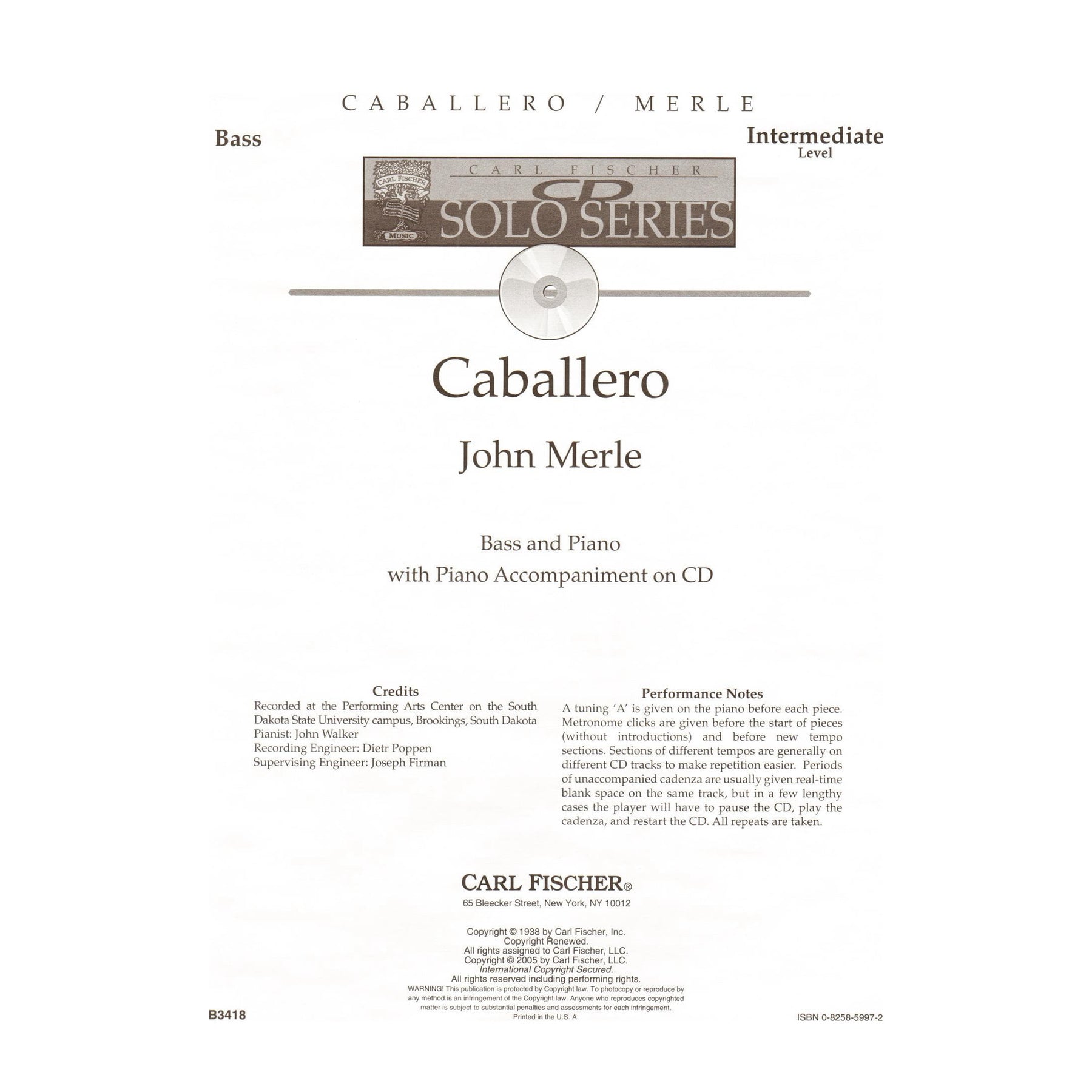 Merle, John - Caballero - Bass and Piano - Book/CD set - Carl Fischer Edition