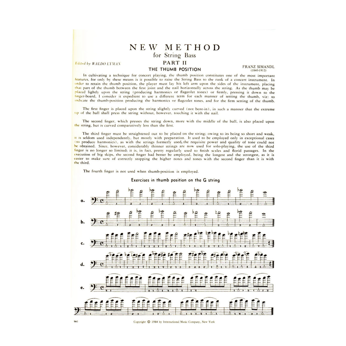 Simandl, Franz - New Method for String Bass, Part 2 - edited by Waldo Lyman - International Music Company