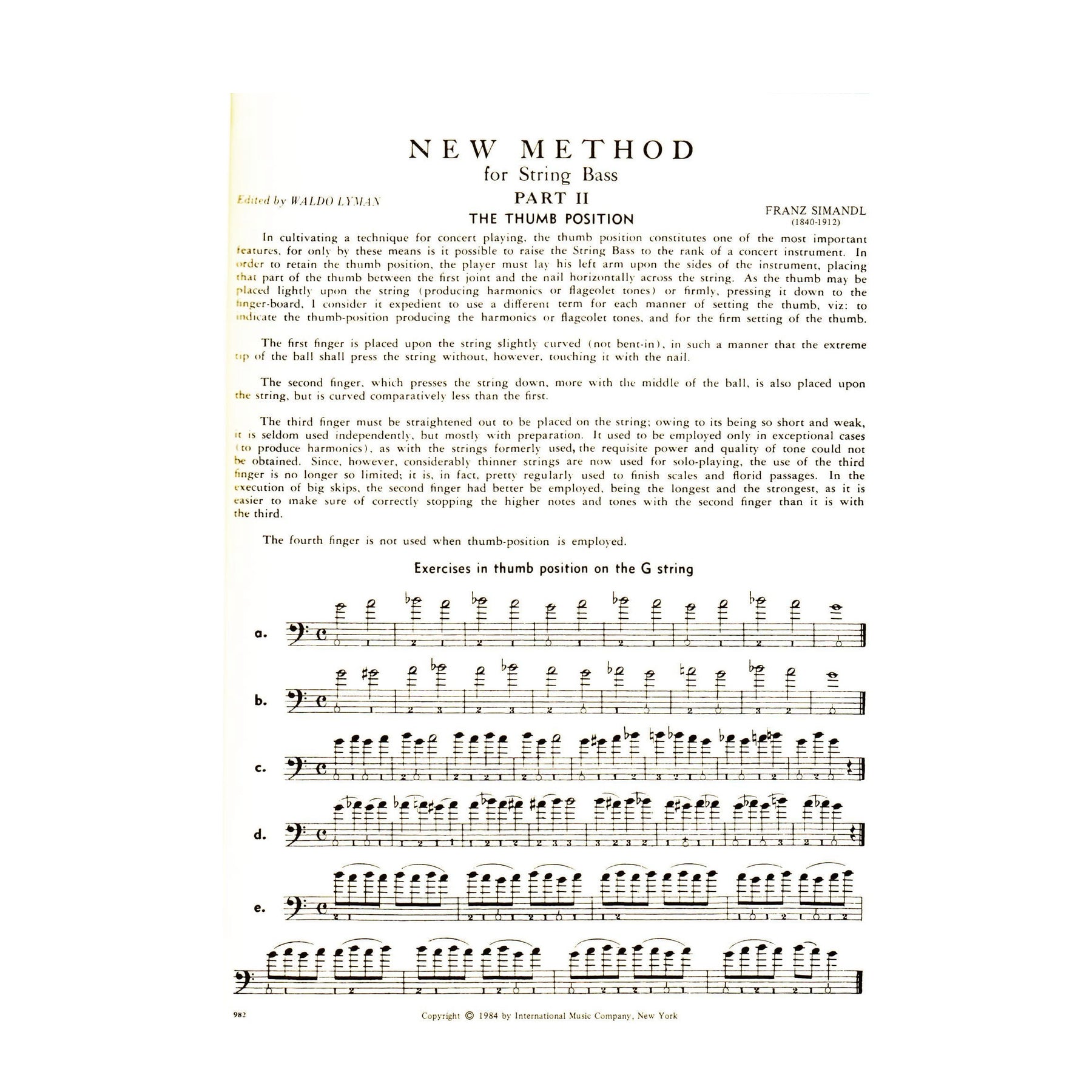 Simandl, Franz - New Method for String Bass, Part 2 - edited by Waldo Lyman - International Music Company