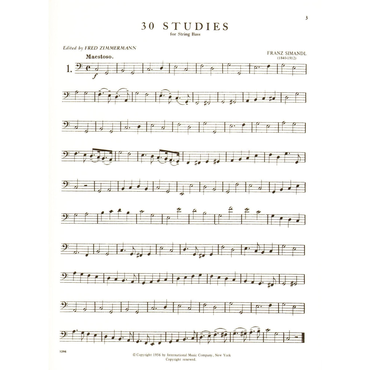 Simandl - 30 Studies For the Development of Tone For Bass Published by International Music Company