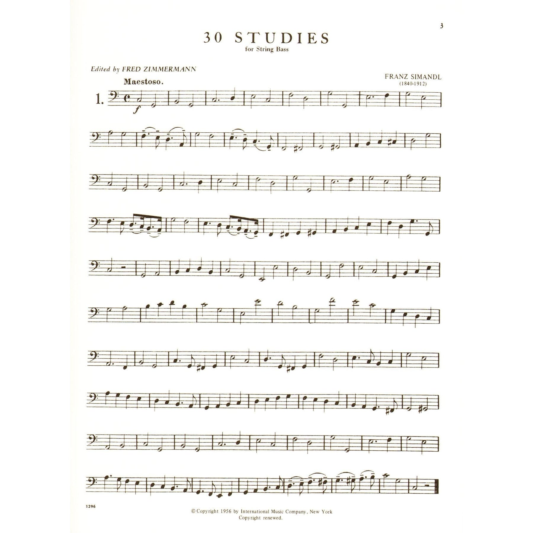 Simandl - 30 Studies For the Development of Tone For Bass Published by International Music Company