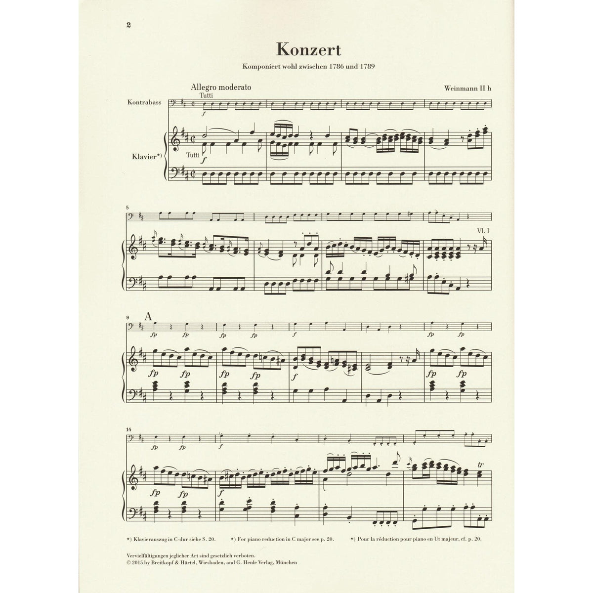 Vanhal, Johann Baptist - Double Bass Concerto - for Bass and Piano - G. Henle Verlag URTEXT