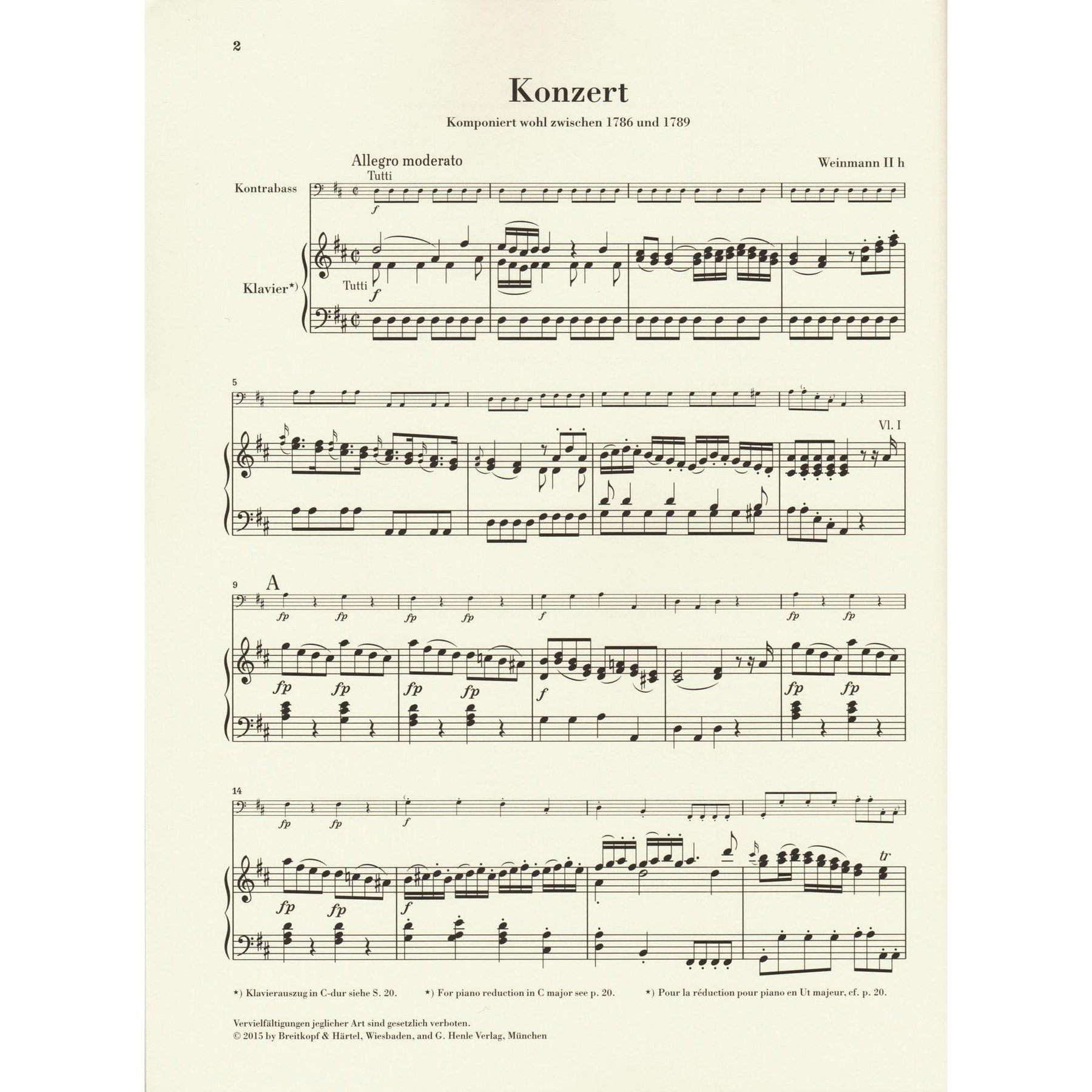 Vanhal, Johann Baptist - Double Bass Concerto - for Bass and Piano - G. Henle Verlag URTEXT