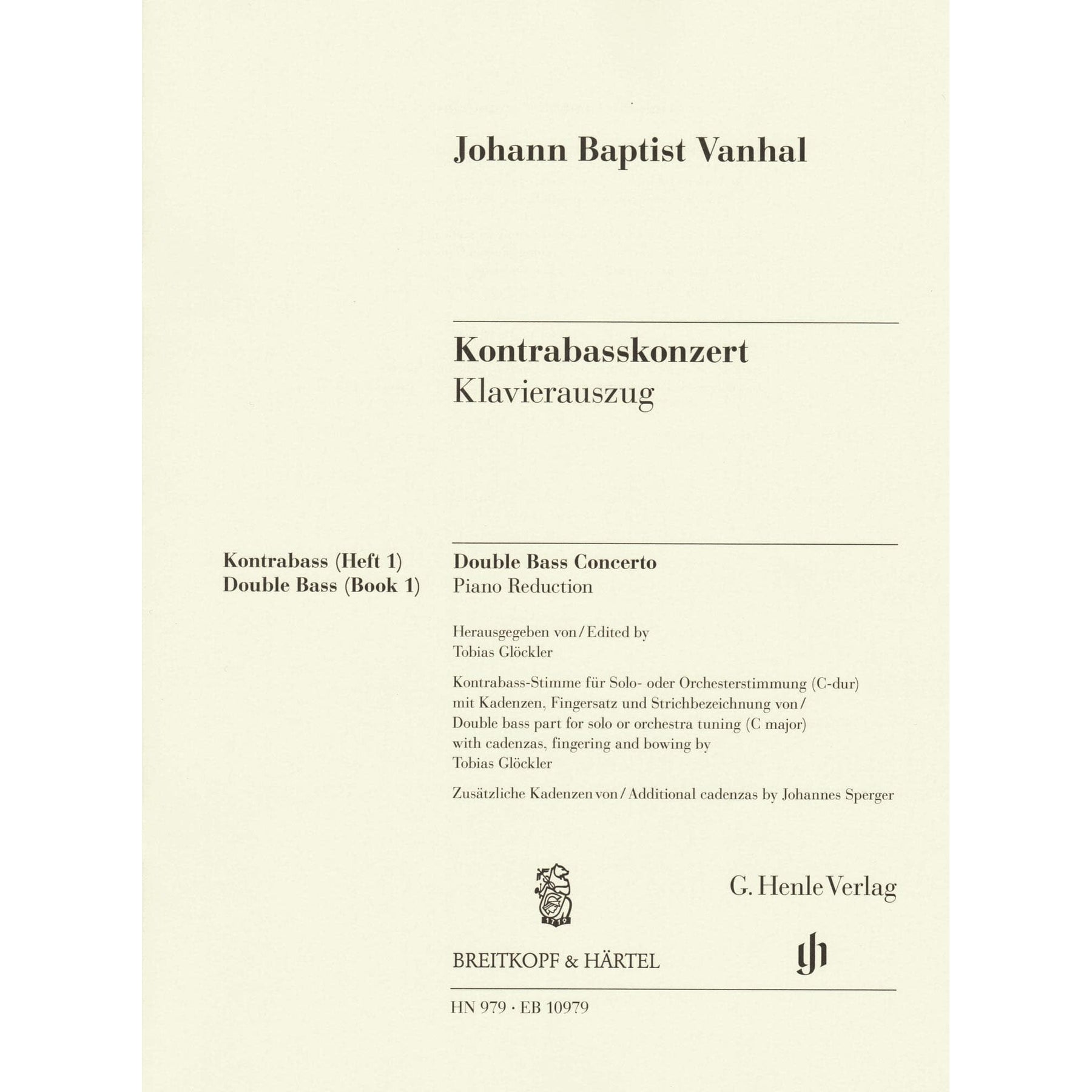Vanhal, Johann Baptist - Double Bass Concerto - for Bass and Piano - G. Henle Verlag URTEXT